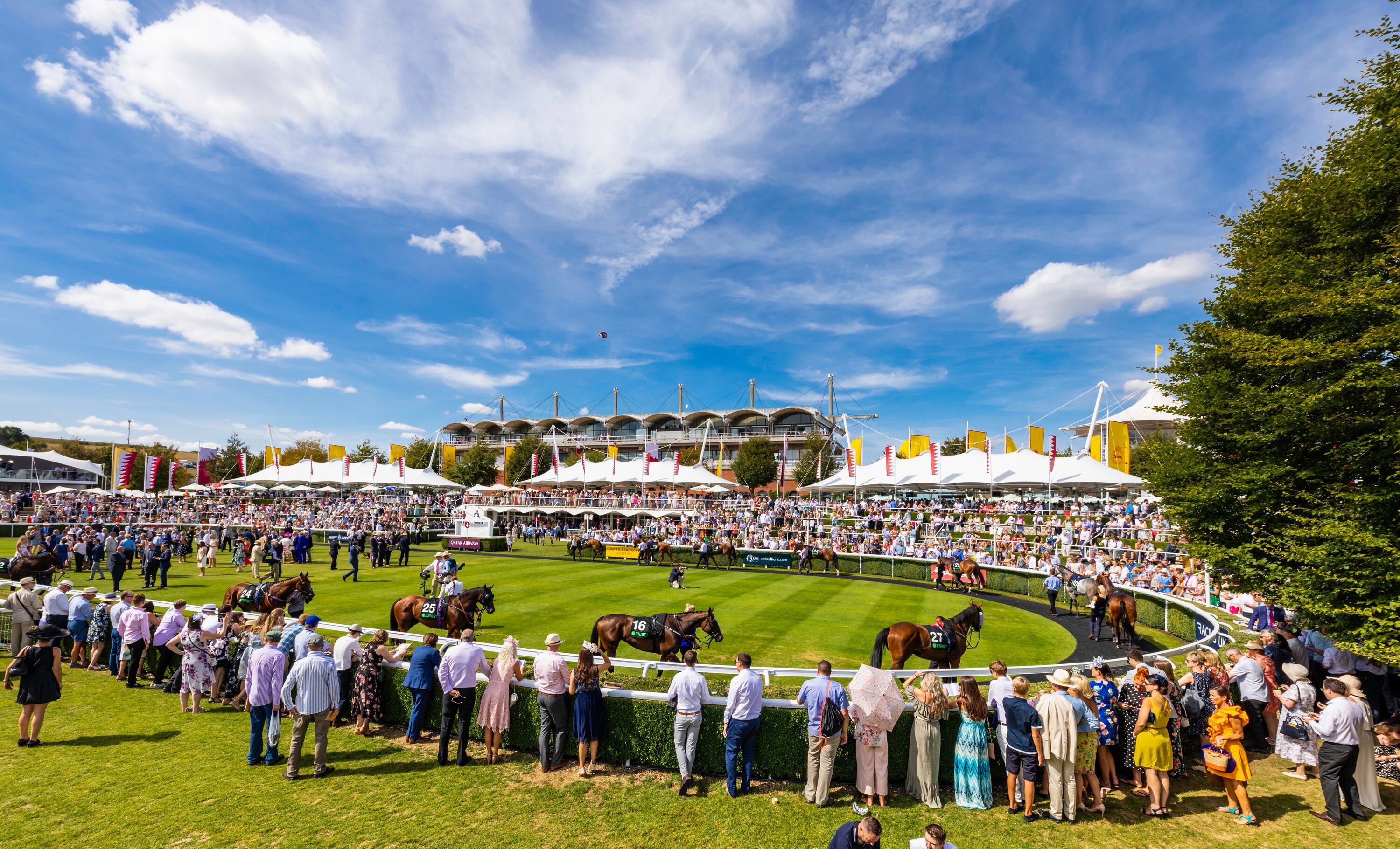Horses parade before the Unibet Stewards' Cup Handicap Stakes on the fifth and final day of the Qatar Goodwood Festival 2018, QGF..Picture date: Saturday August 4, 2018..Photograph by Christopher Ison ©.07544044177.chris@christopherison.com.www.christopherison.com