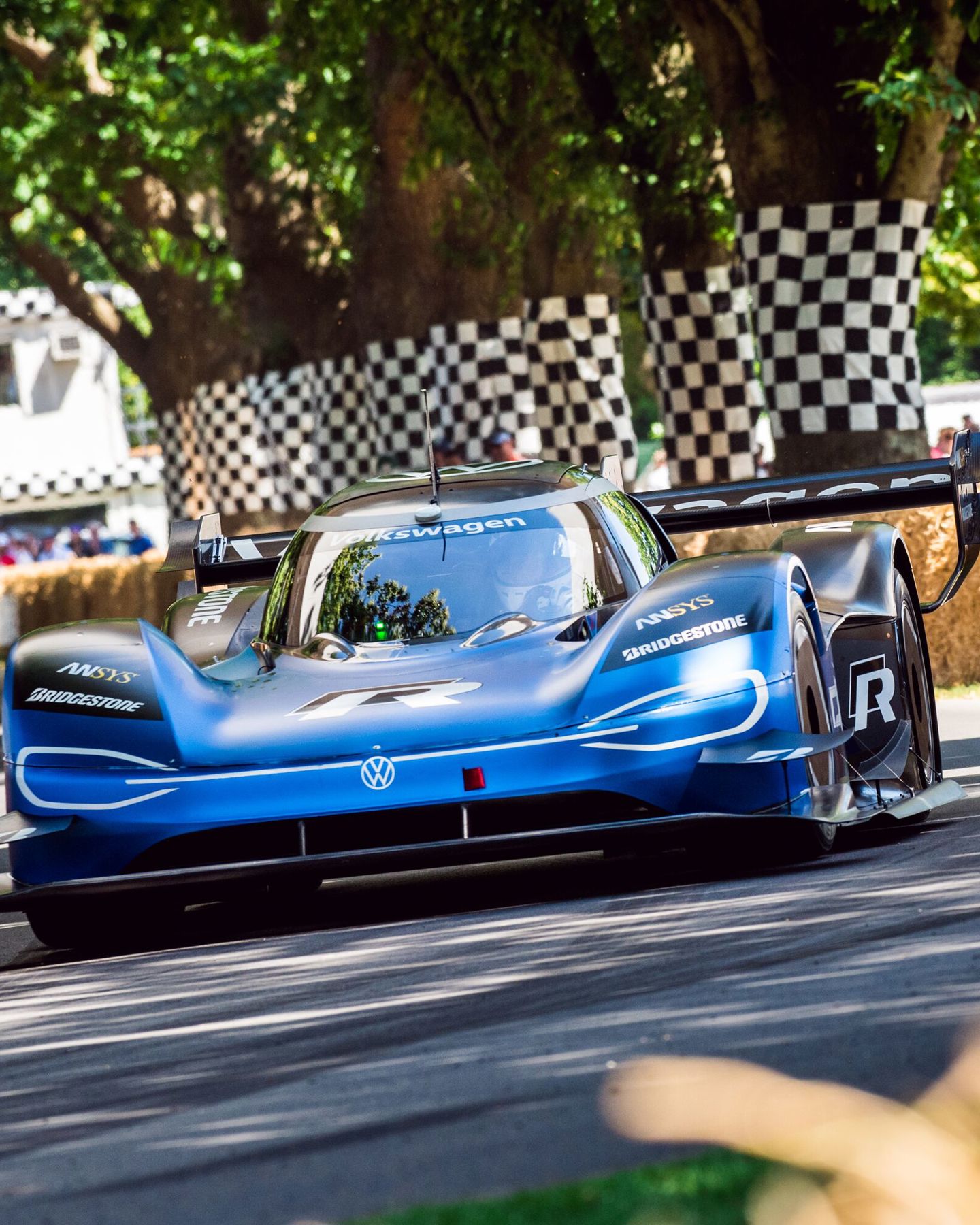 Romain Dumas driving Volkswagen ID. R on the Goodwood FOS hillclimb