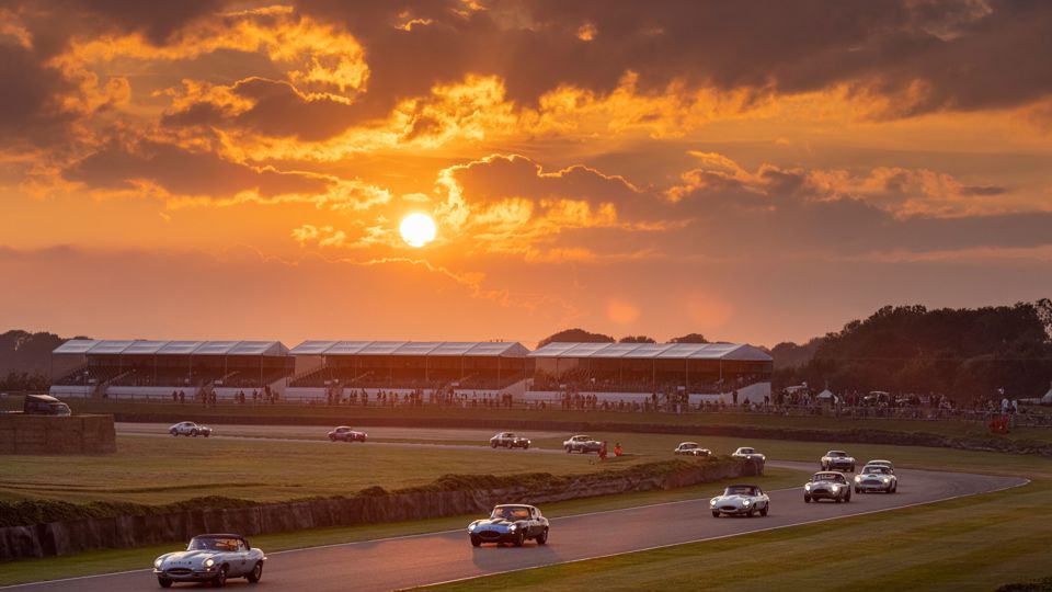 Sunset during the Stirling Moss Memorial Trophy at the Goodwood Revival..Picture date: Friday September 17, 2021..Photograph by Christopher Ison ©.07544044177.chris@christopherison.com.www.christopherison.com..IMPORTANT NOTE REGARDING IMAGE LICENCING FOR THIS PHOTOGRAPH: This image is supplied to the client under the terms previously agree. No sales are permitted unless expressly agreed in writing by the photographer.