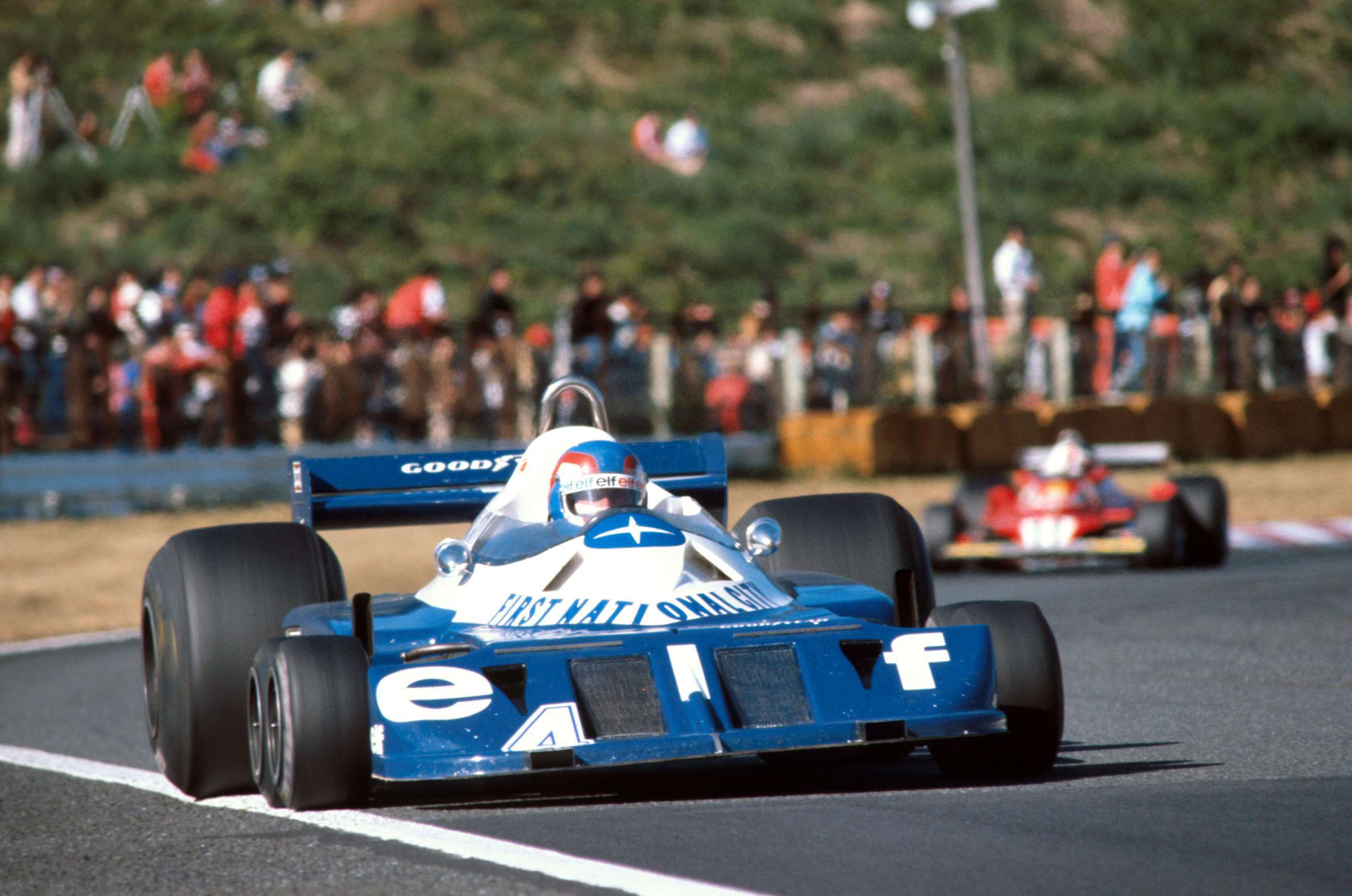 Depailler driving the six-wheeled Tyrell P34 at Fuji, 1977. 
