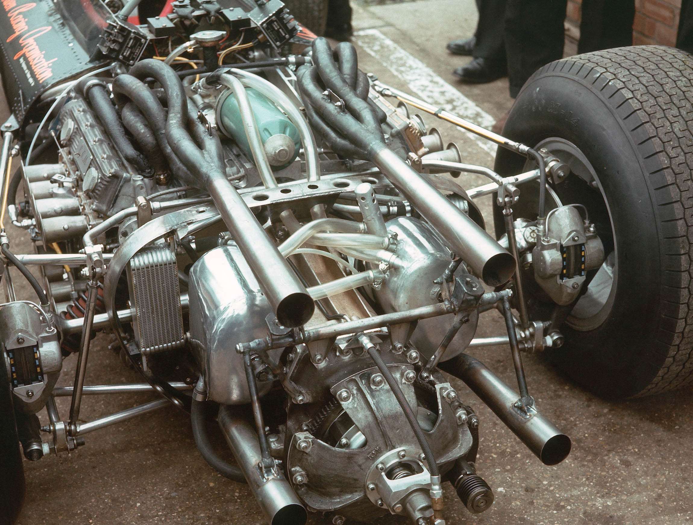 The BRM P75 H16-cylinder 3-litre Formula 1 engine in its P83 works team chassis