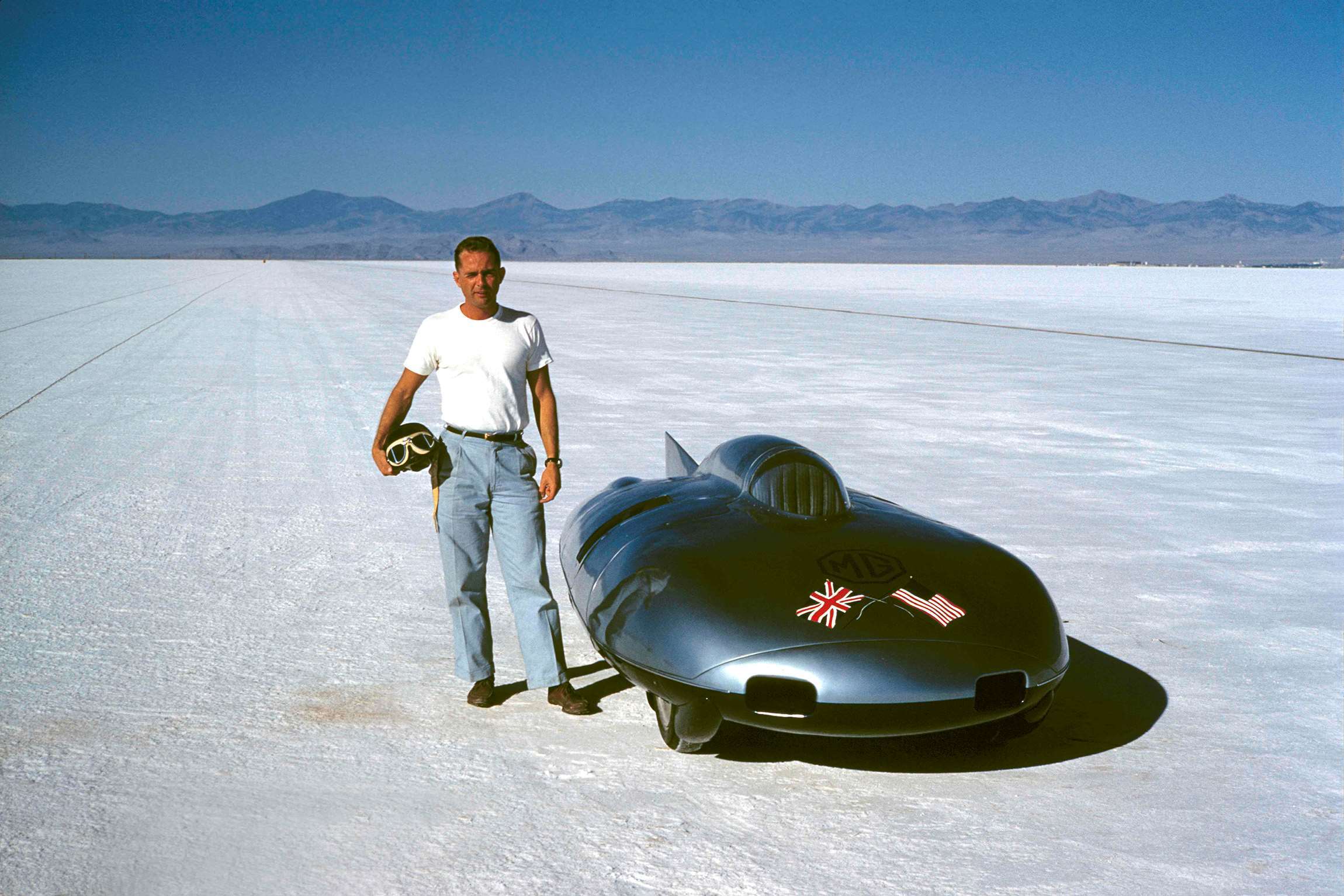 1957 a friend using Phil’s leica to snap him at Bonneville with MG EX181 record car