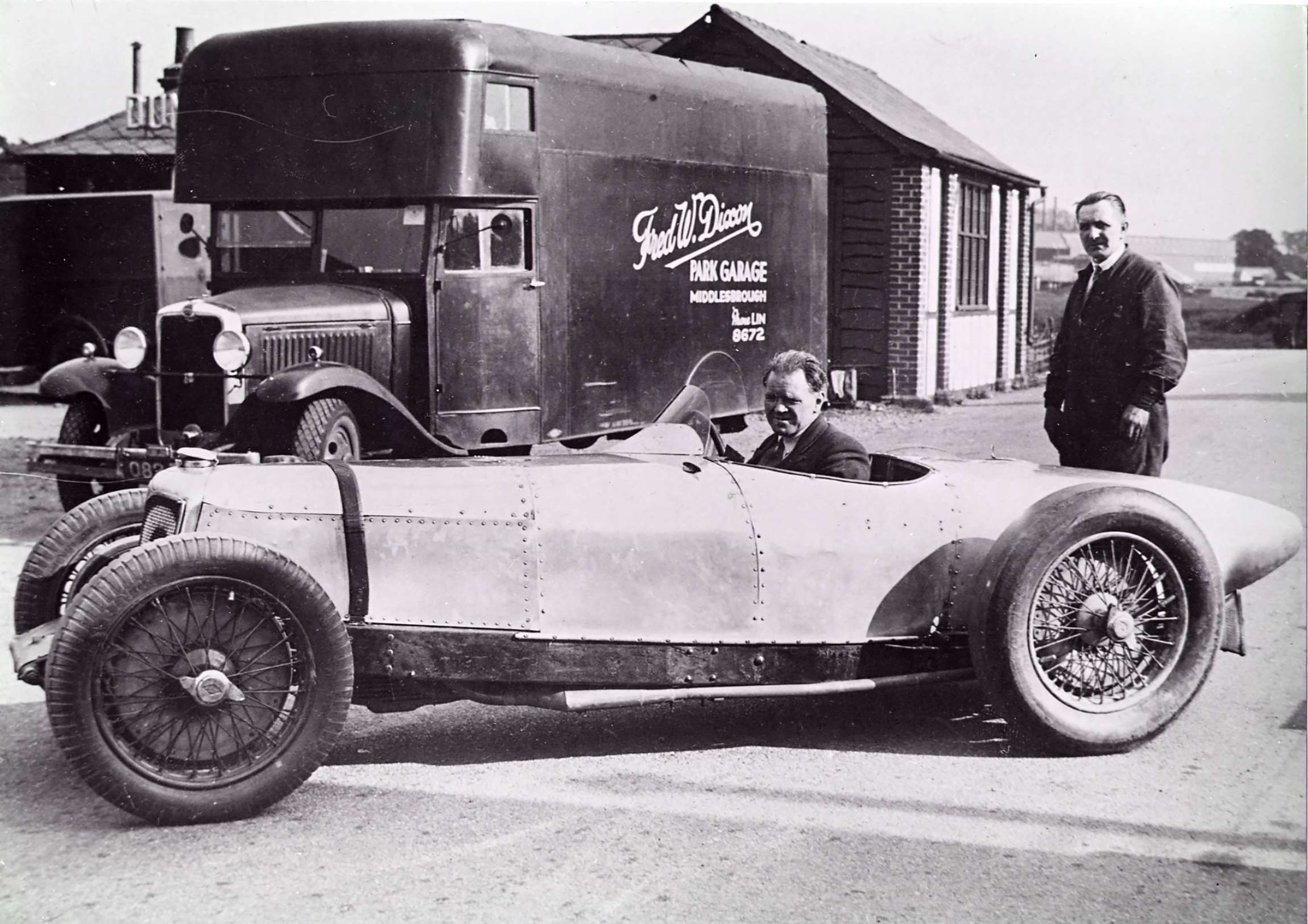 Brooklands - gruff and tough no-nonsense TT winner on both two wheels and four - Freddie Dixon, from Middlesbrough, in his very special Riley 9...