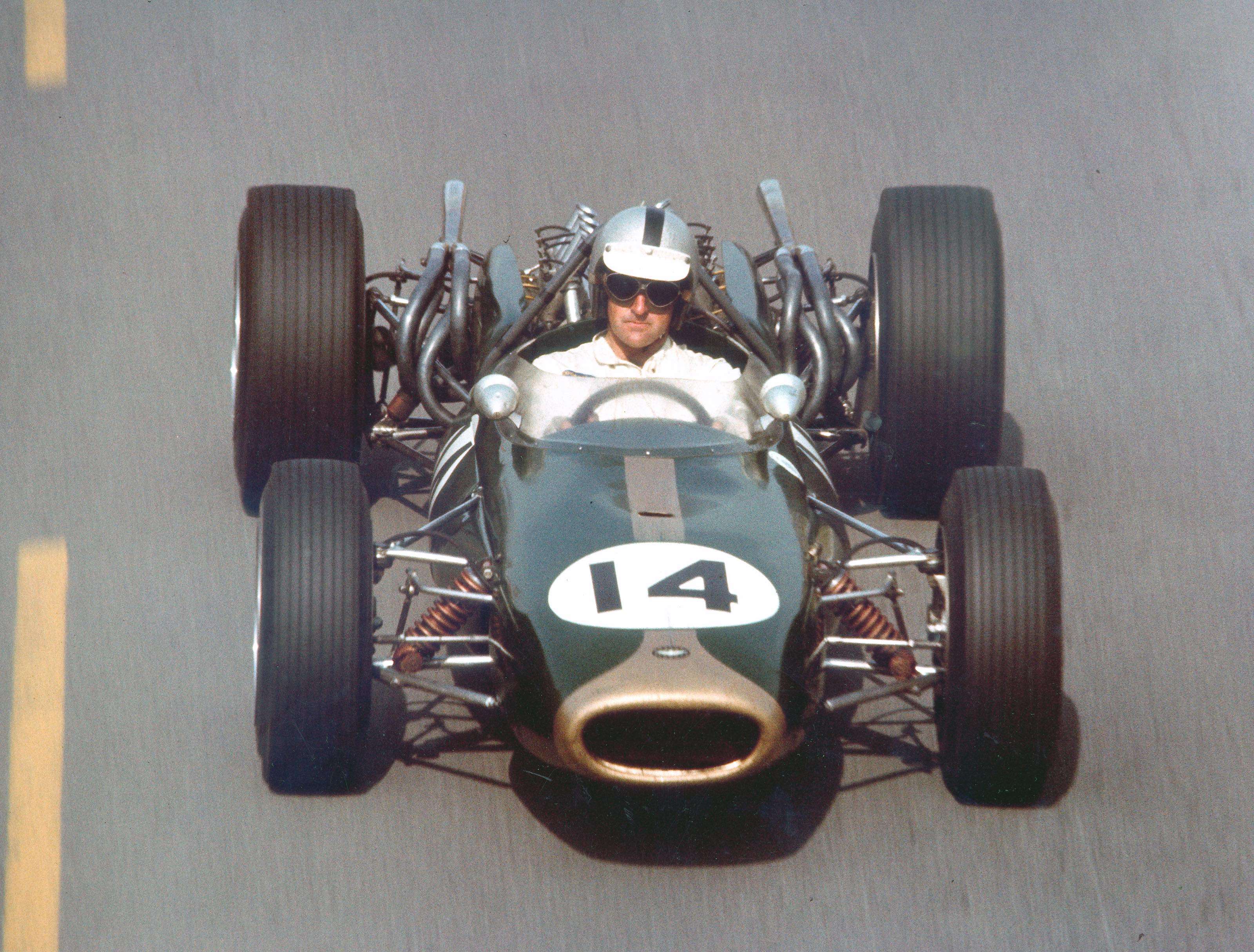 Jack’s team-mate Denny Hulme, in the bulging pannier-tanked Repco Brabham BT20.
