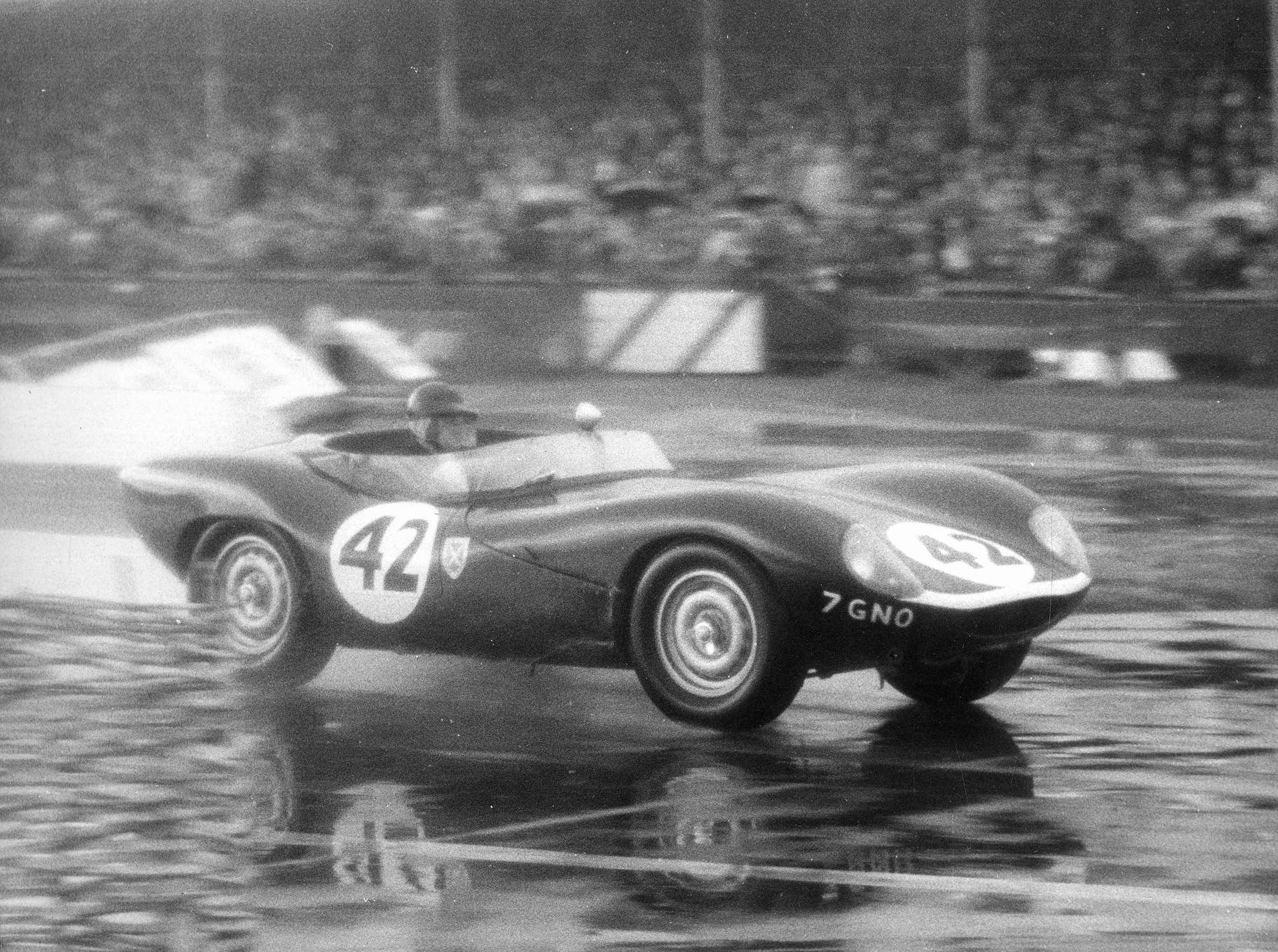 Later years - a soggy day at Goodwood - 1959 Easter Monday - Jock Lawrence splashing home 2nd in the Sussex Trophy race, Ecosse Tojeiro-Jaguar