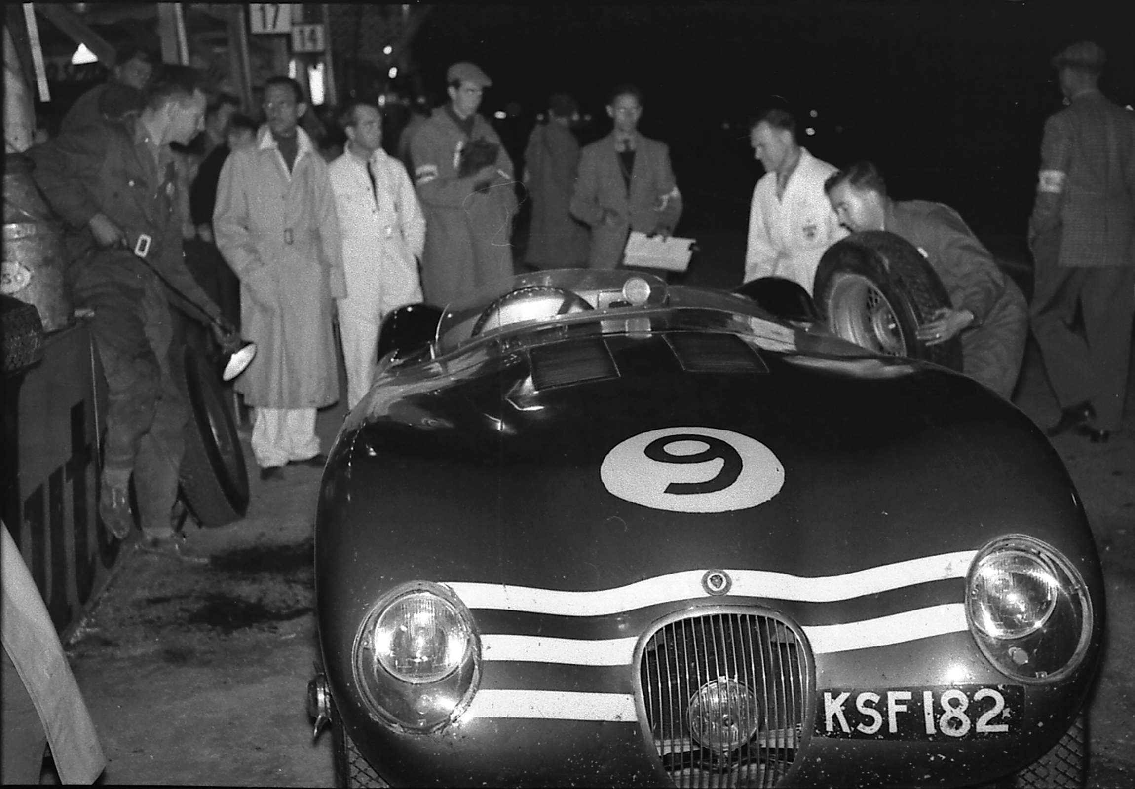 Early years at Goodwood - 1953 Nine Hour race - night pit-stop for the 5th-placed Jock Lawrence/Frank Curtis Ecosse Jaguar C-Type