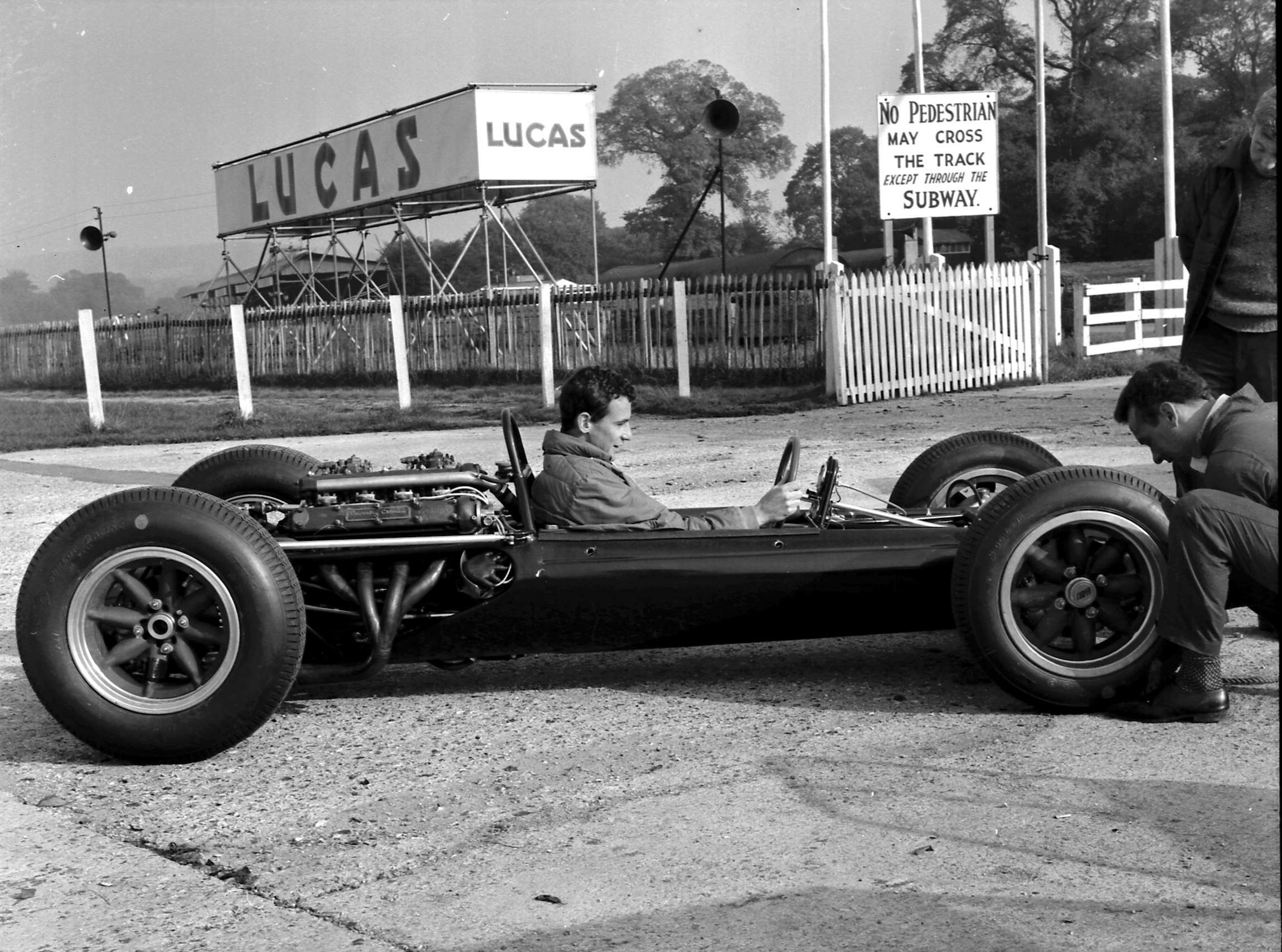 Ill-fated Timmy Mayer in the prototype 1964 Tasman Cooper - by McLaren - shake-down testing at Goodwood, September 1963