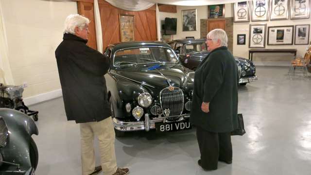Louise Collins with Nigel Webb and Mike Hawthorn Jaguar ‘VDU881’ rebuild in  Nigel’s tribute Museum at Newdigate - November 2016