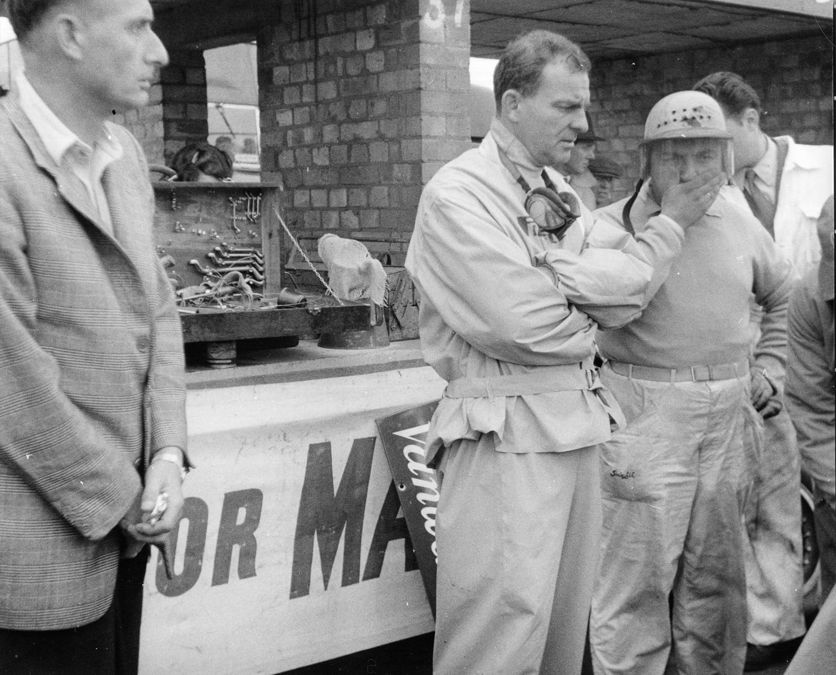 David Yorke, team manager of Vanwall, with drivers Harry Schell and (right) Jose Froilan Gonzalez - 1956