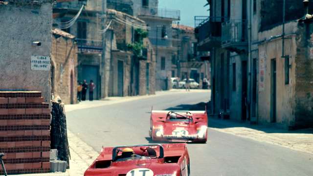 ‘Nanni’ Galli’s Alfa T33/3 being chased by Merzario’s Ferrari 312 PB during Targa Florio practice 1972