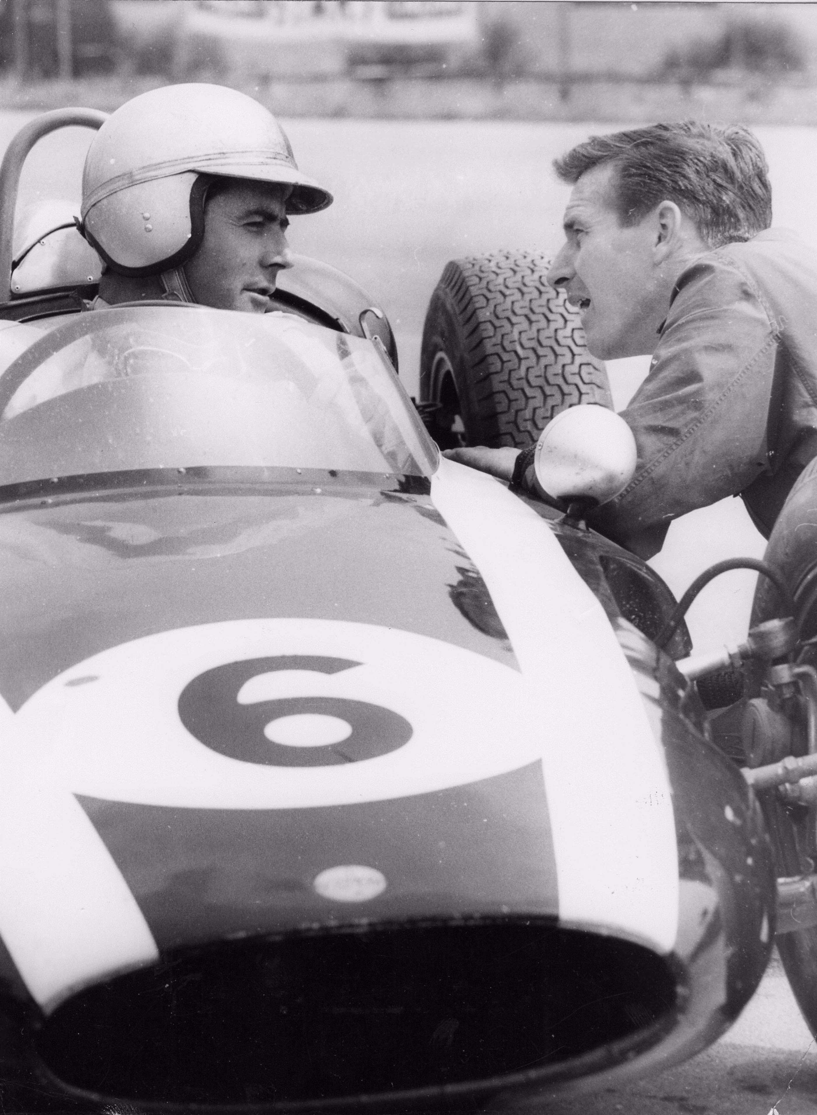 Jack Brabham testing at Goodwood in his private Cooper - with personal mechanic Timmy Wall
