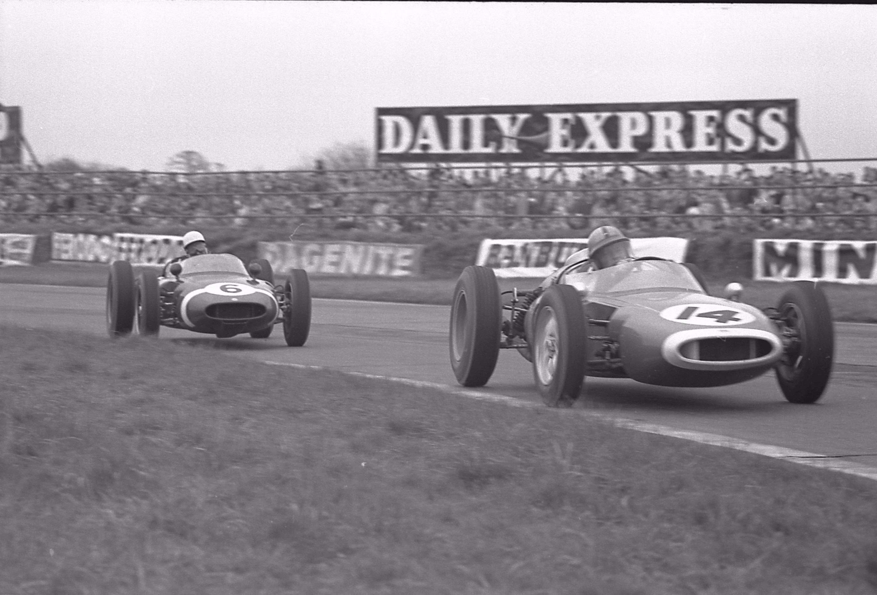The InterContinental Formula was dominated by ‘Lowline’ Cooper-Climax success - here Bruce McLaren opposite locks at Madgwick in a despairing effort to deny Moss in the rival Walker Racing entry…