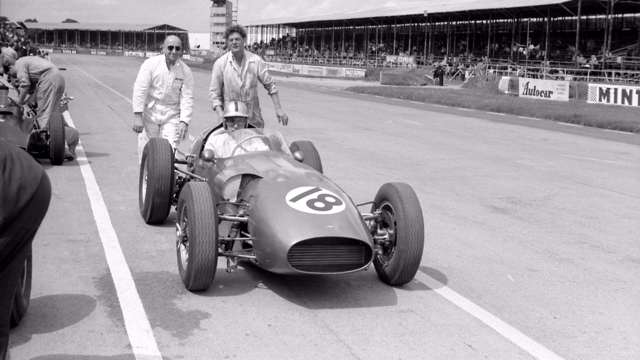 Roy Salvadori in the works Formula 1 Aston Martin DBR5/250 at May Silverstone, 1960