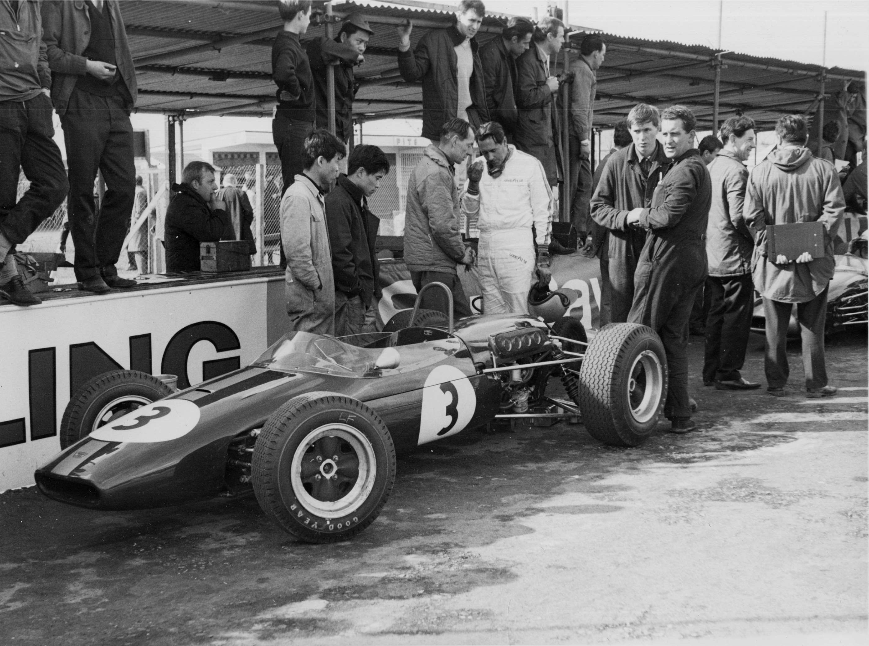 Formula 2 finale - Jack Brabham and his Brabham car designer/business partner Ron Tauranac with the BT18-Honda, Easter Monday 1966. Team mechanic Nobuhiko Kawamoto would return to Goodwood in later years - as popular and highly-successful company CEO!