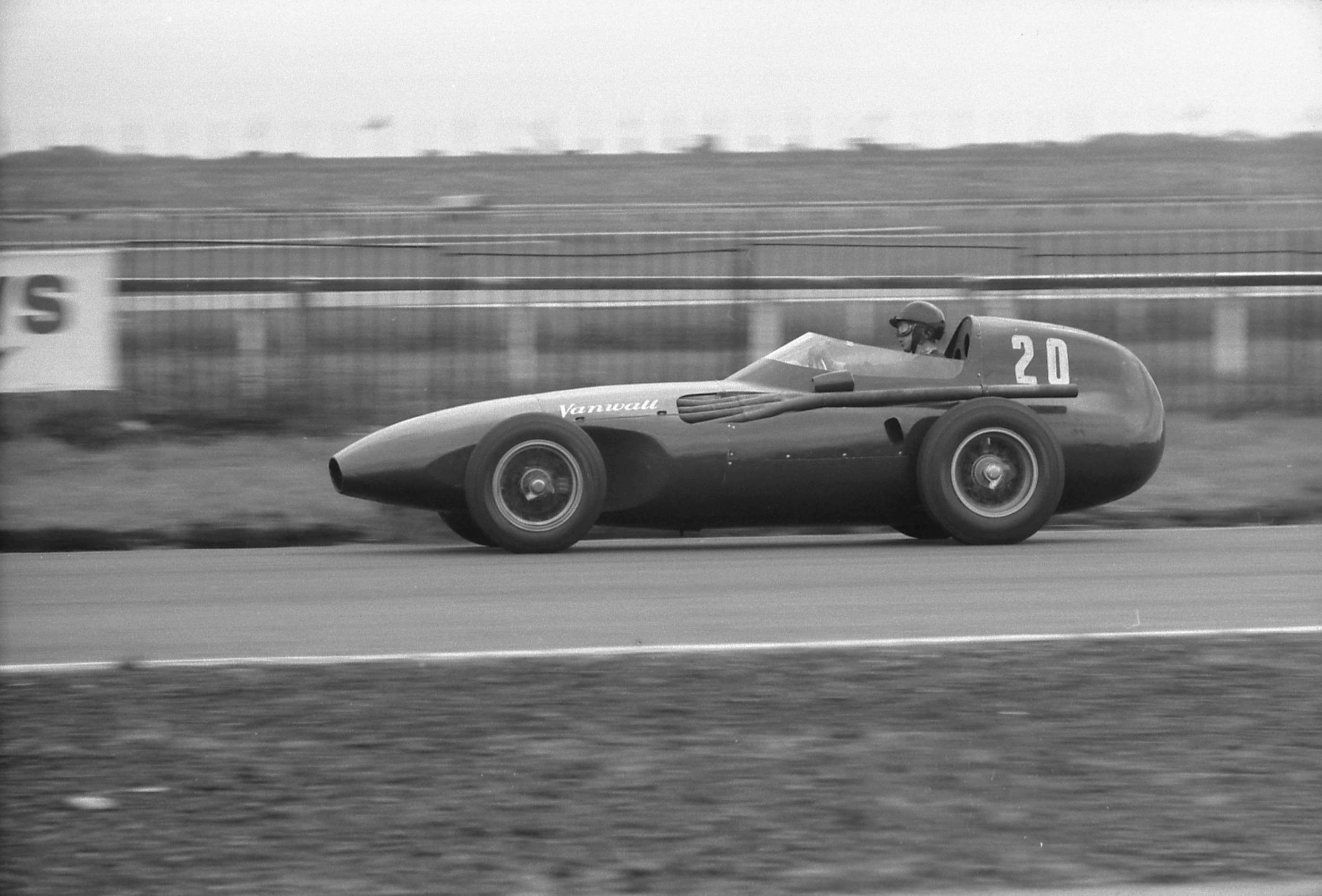 Tony Brooks at Aintree 1957 on the great day when Vanwall won the British Grand Prix with drivers Brooks and Moss co-driving their winning car.