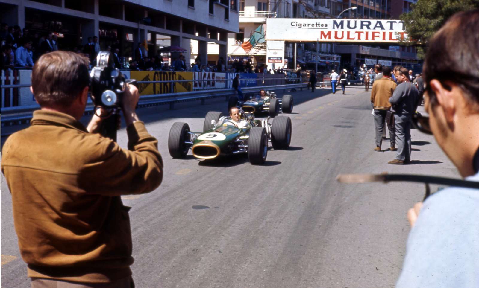 The works Brabham-Repco V8s arrive at the Monte Carlo pits 1967 - Denny leading Jack
