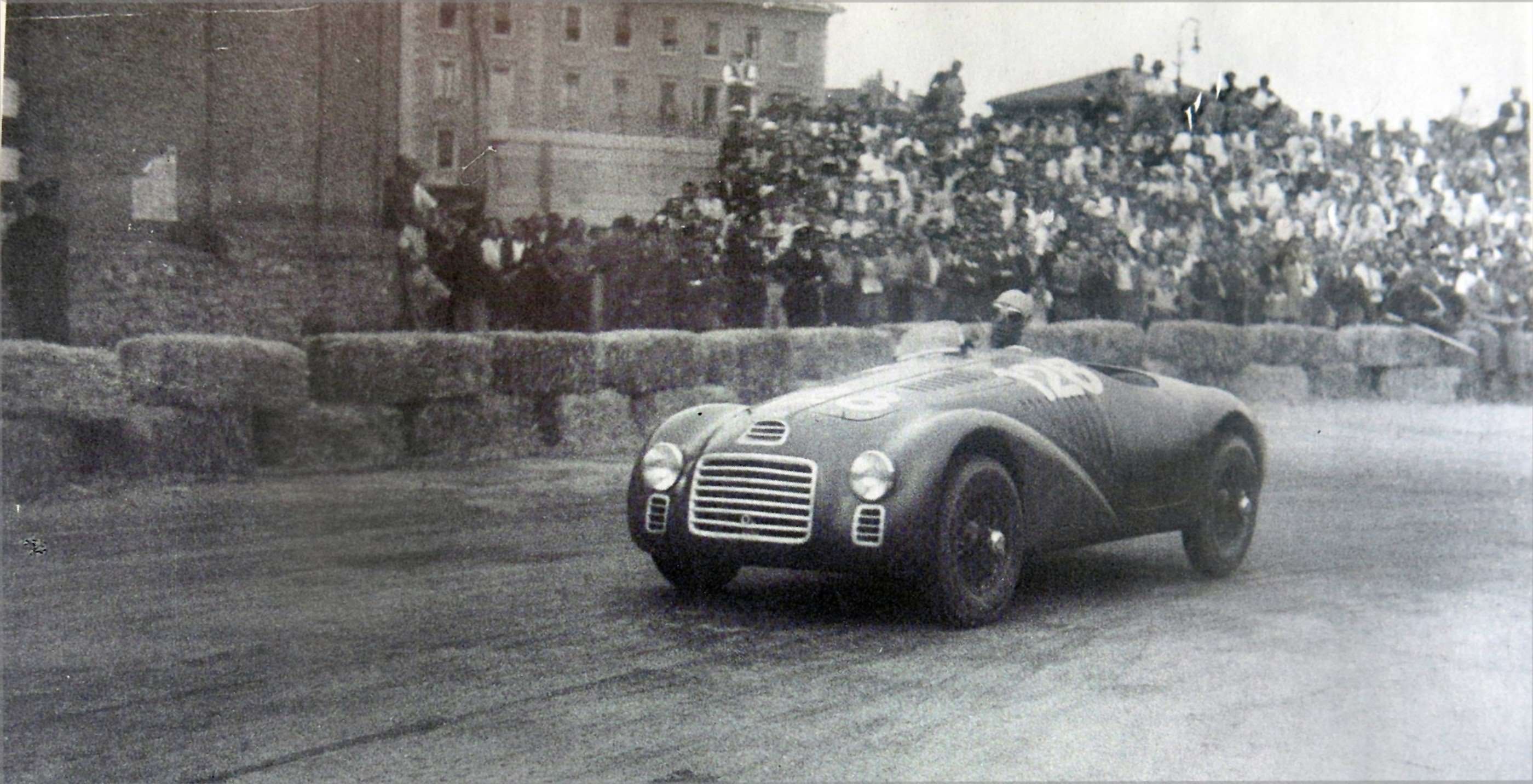 May 11th, 1947 - Piacenza, Italy - Franco Cortese in the first prototype Ferrari 125 V12 sports-racing car led at one point before retirement when the fuel pump failed.
