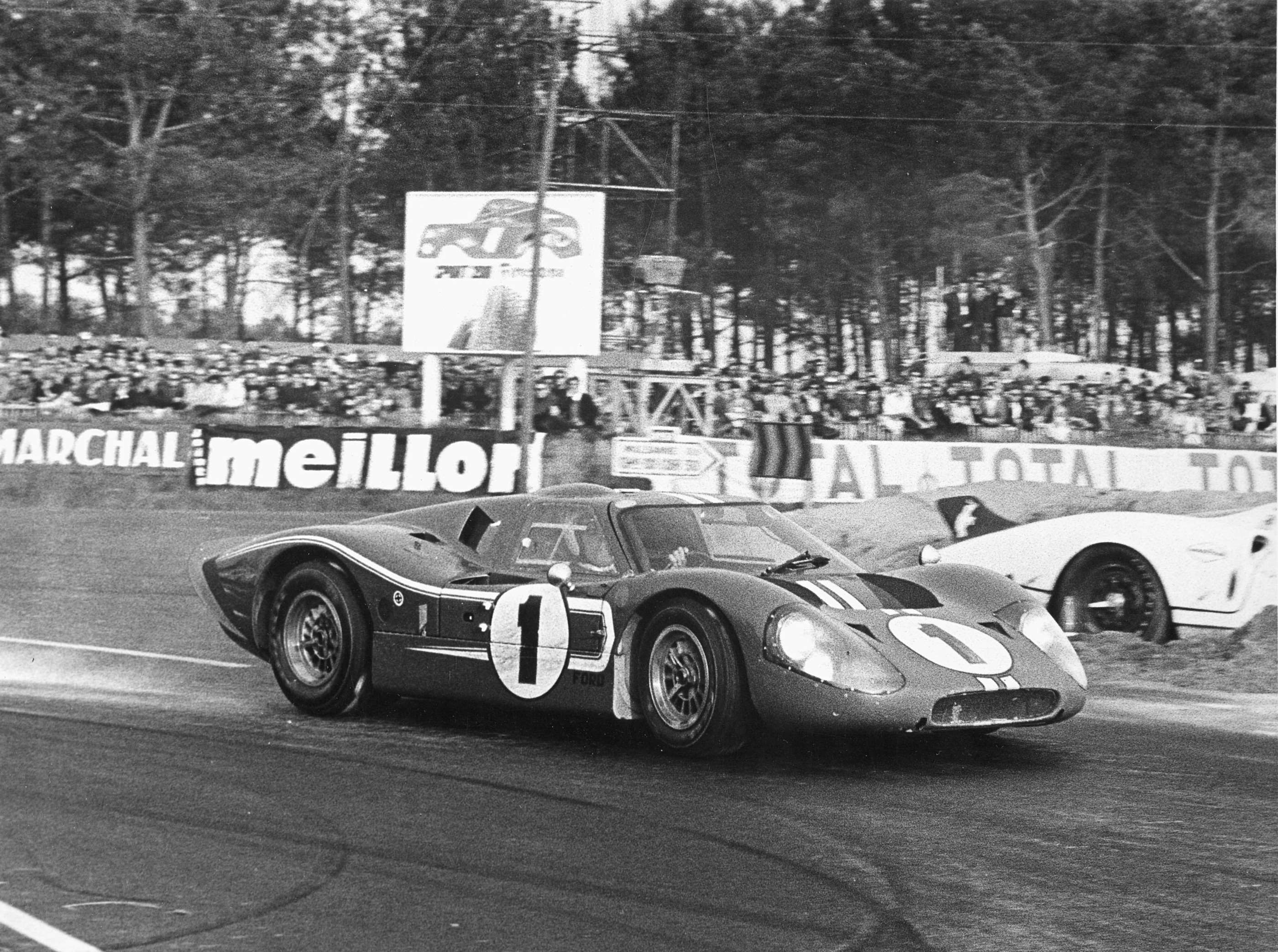 By 1967 the innovative Le Mans-winning Ford Mark IVs had roll-over structures, honeycomb panelling, and full seat belt harnesses as standard - Le Mans winner A.J. Foyt in command here of the Mk IV co-driven by Dan Gurney.