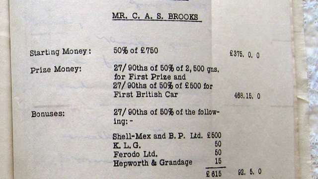 Pay rates 1957 - this is the Vanwall works team’s payment advice to Tony Brooks following his victorious co-drive with Moss in the British & European Grand Prix - he drove 27 of the 90 laps so took 27/90ths of 50 per cent of first prize!