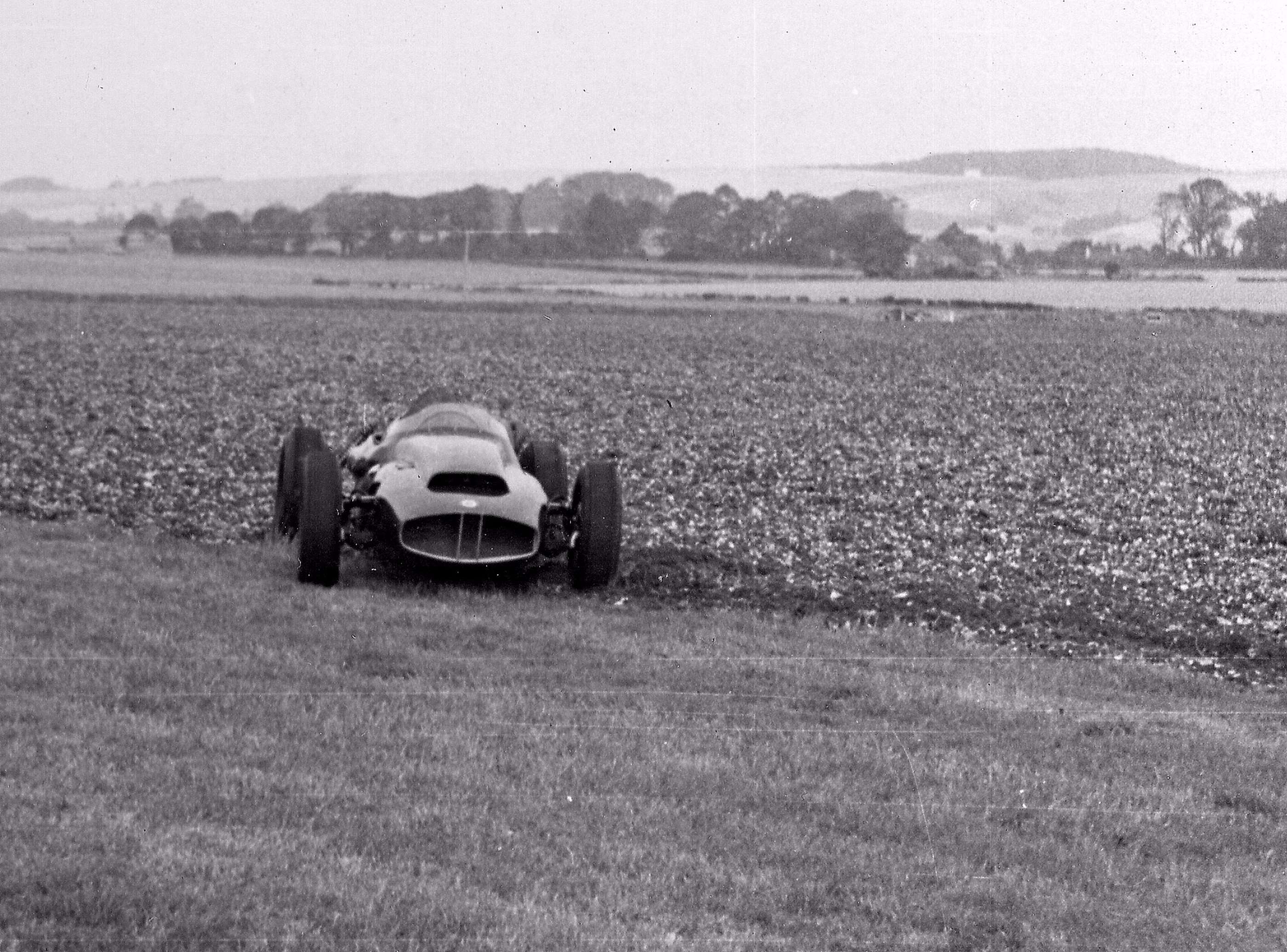 Even rarer snapshot of the BRM prototype after Jack Brabham spun off the circuit in it between St Mary’s and Lavant...