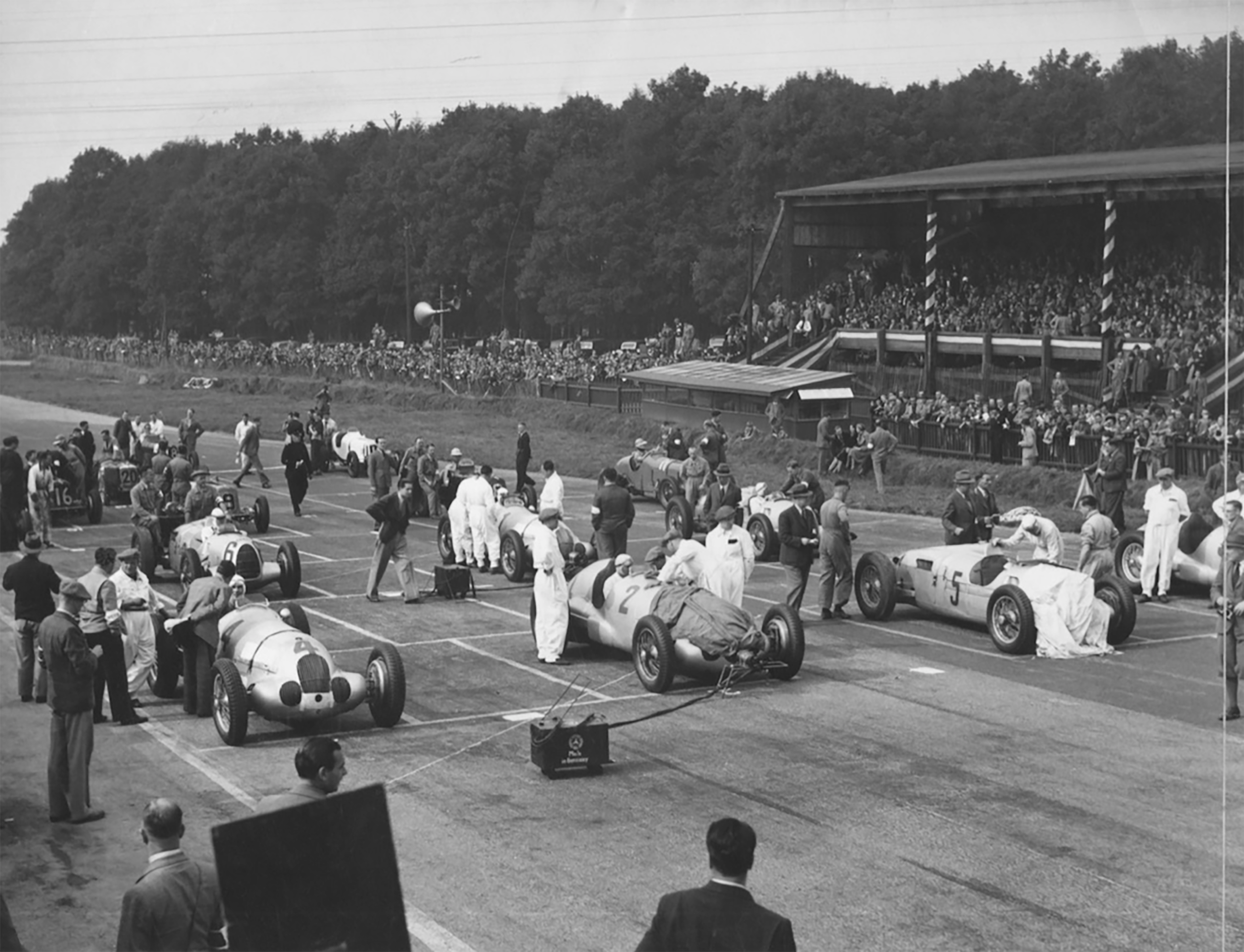Donington’s most wonderful Grand Prix grid - lining up for the 1937 event won by Bernd Rosemeyer for Auto Union, beating the works Mercedes-Benz flotilla