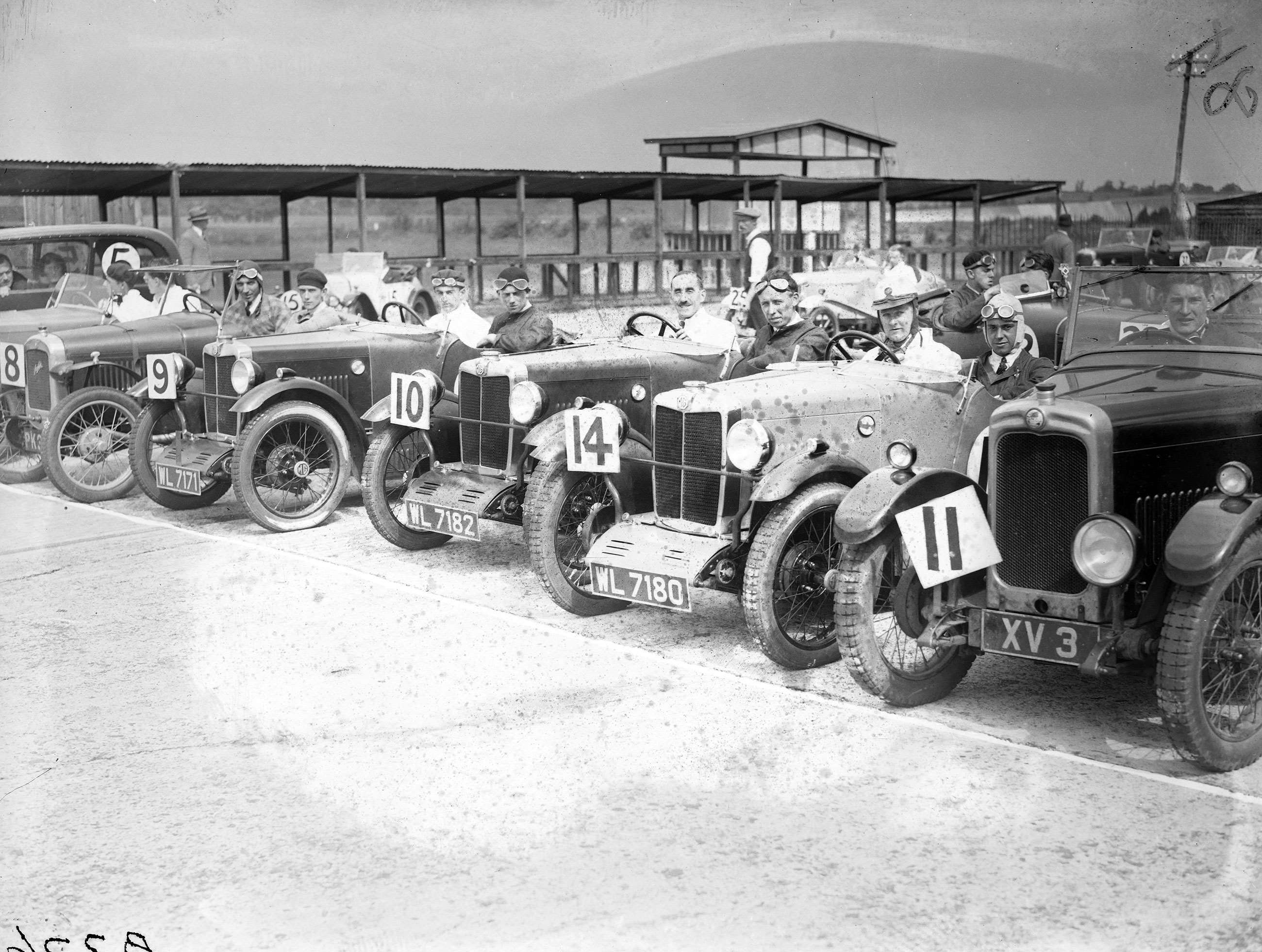 Freddie March in his MG M-Type (car no.9) at the 1929 Brooklands JCC High Speed Trials.