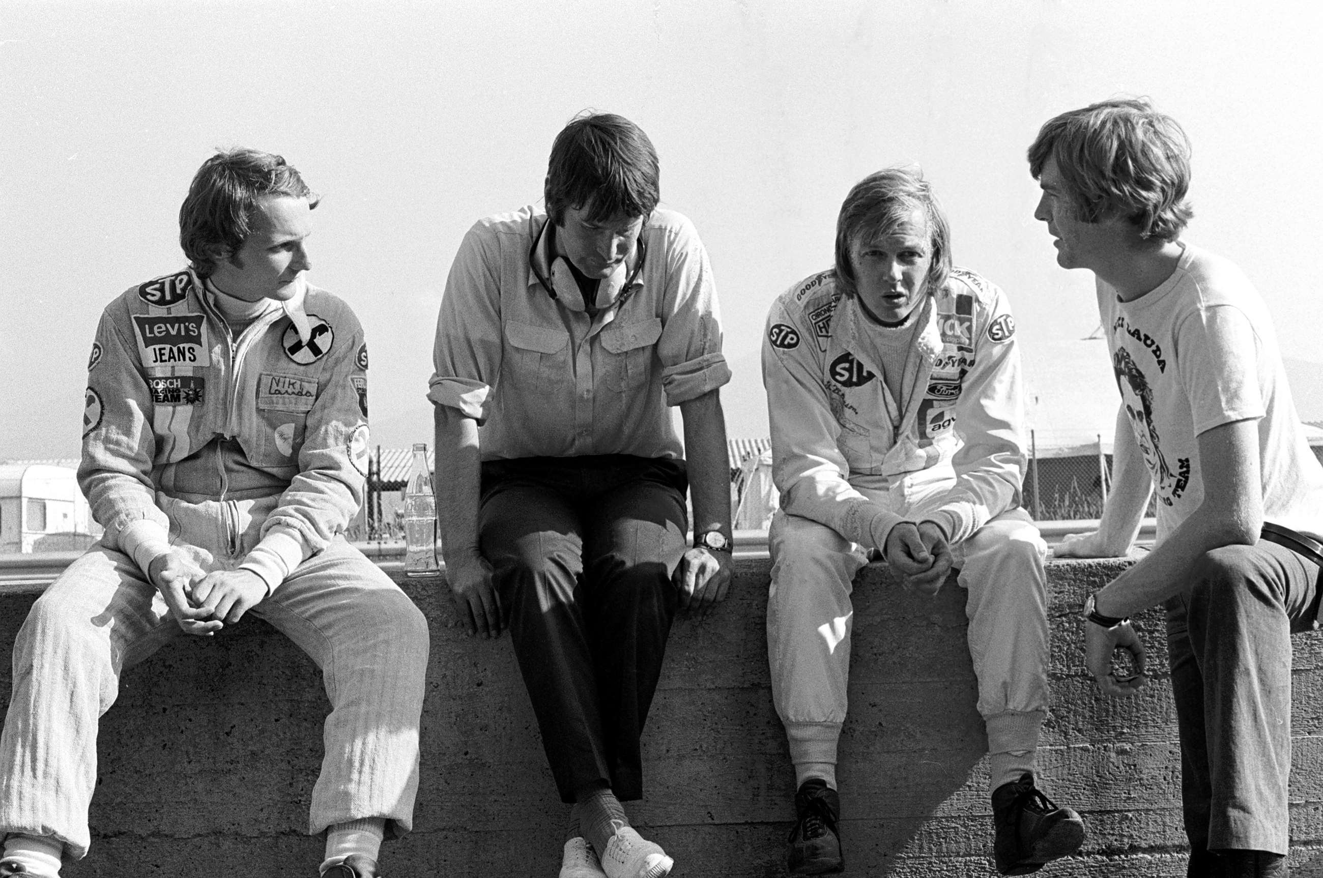 Left to right: Niki Lauda, Robin Herd, Ronnie Peterson and Max Mosley. Austria, 1972.