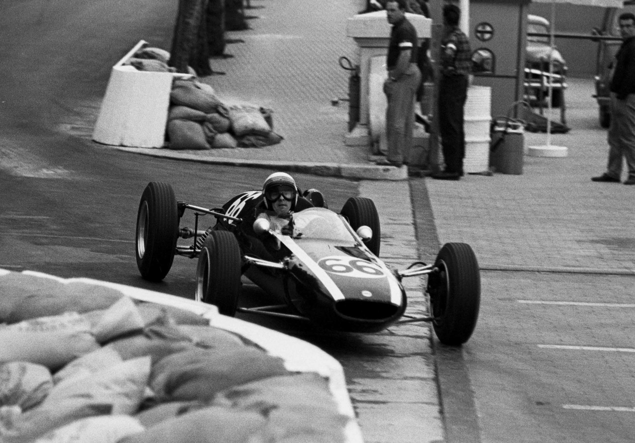 Jackie Stewart driving a Cooper F3 round Monaco in 1964.