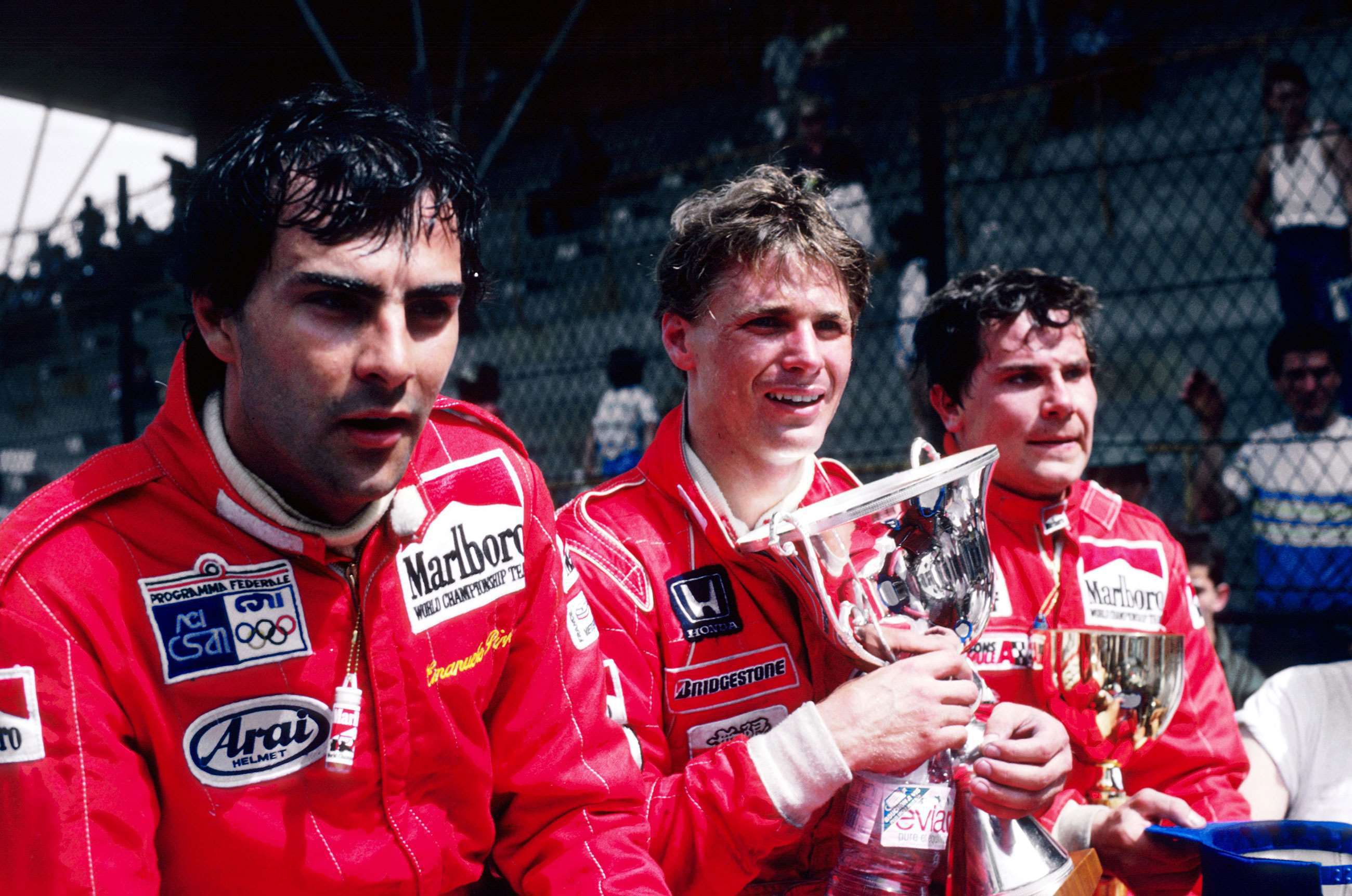 F3000 1986, France. Left to right: Emanuele Pirro, Mike Thackwell and Michel Ferte.
