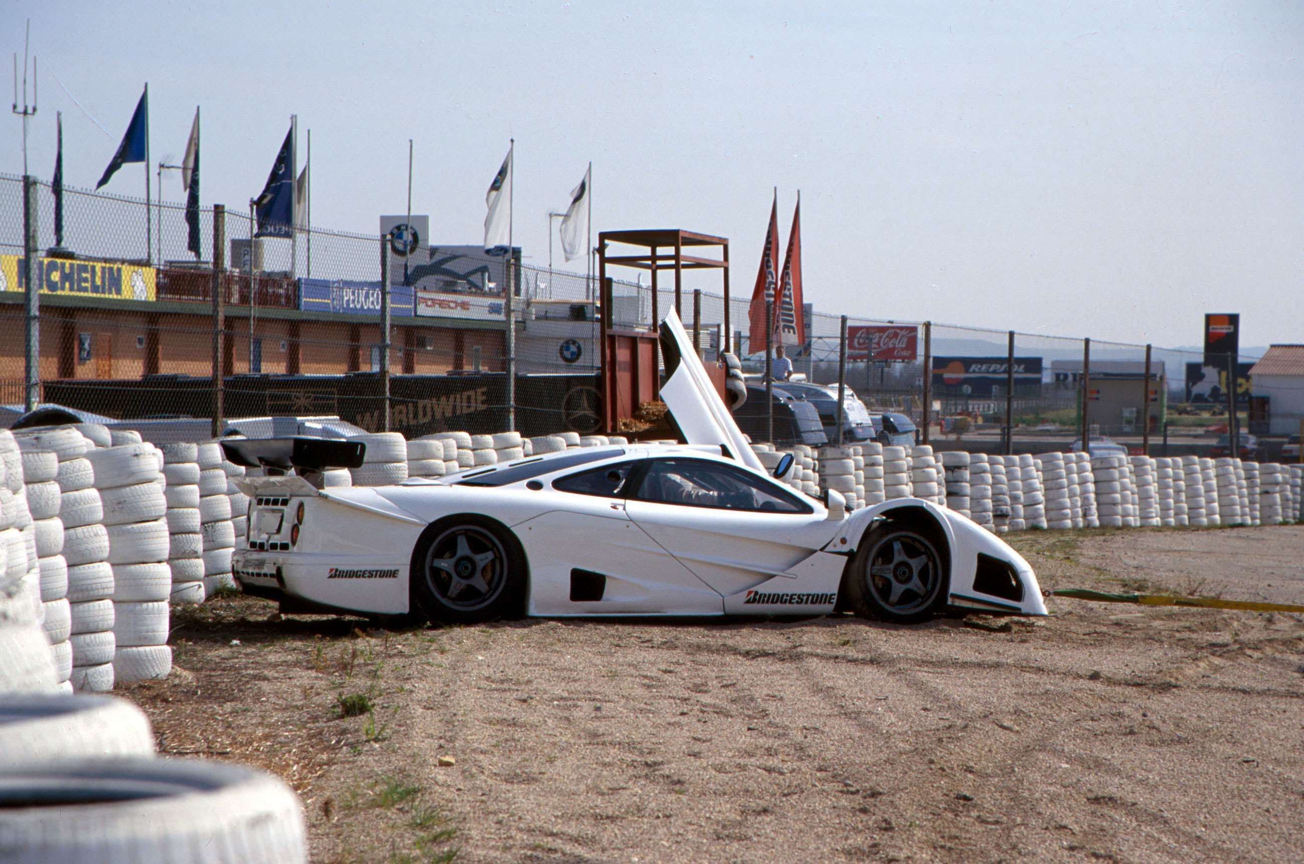 The Mercedes-Benz CLK GTR/McLaren F1 GTR prototype at Jarma, 1997, following a gentle encounter with the tire wall... 