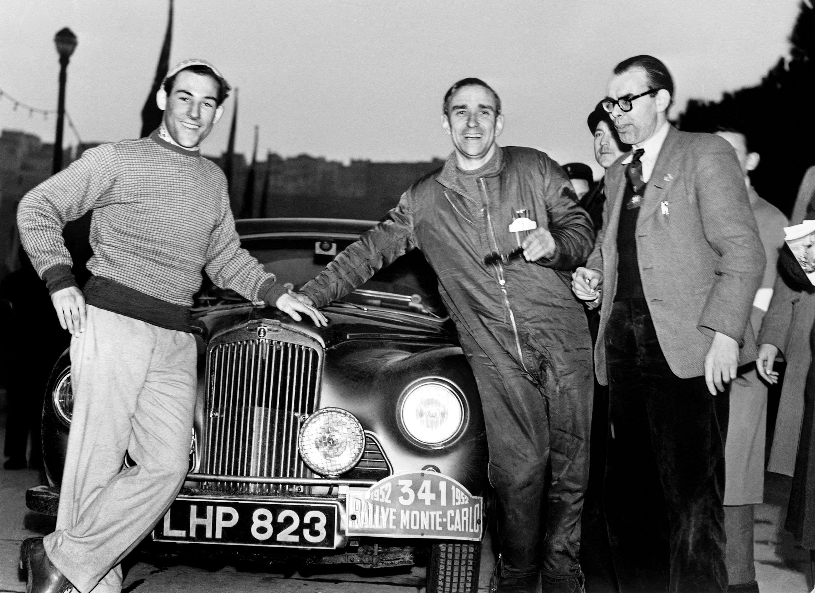 Stirling Moss, Autocar's John Cooper and BRDC Secretary Desmond Scannell with a Sunbeam Talbot 90 at the Monte Carlo Rally, 1952.