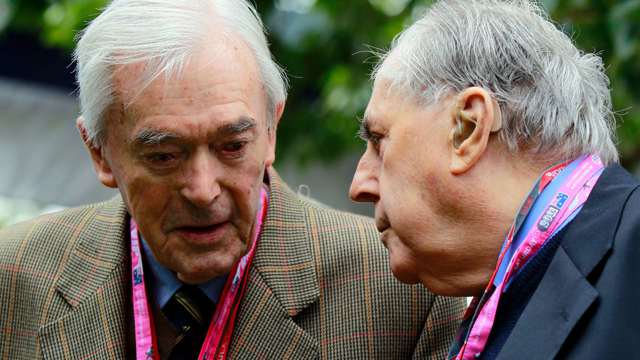 Tony Gaze (left) with Jack Brabham (right) at the 2011 Australian Grand Prix. 