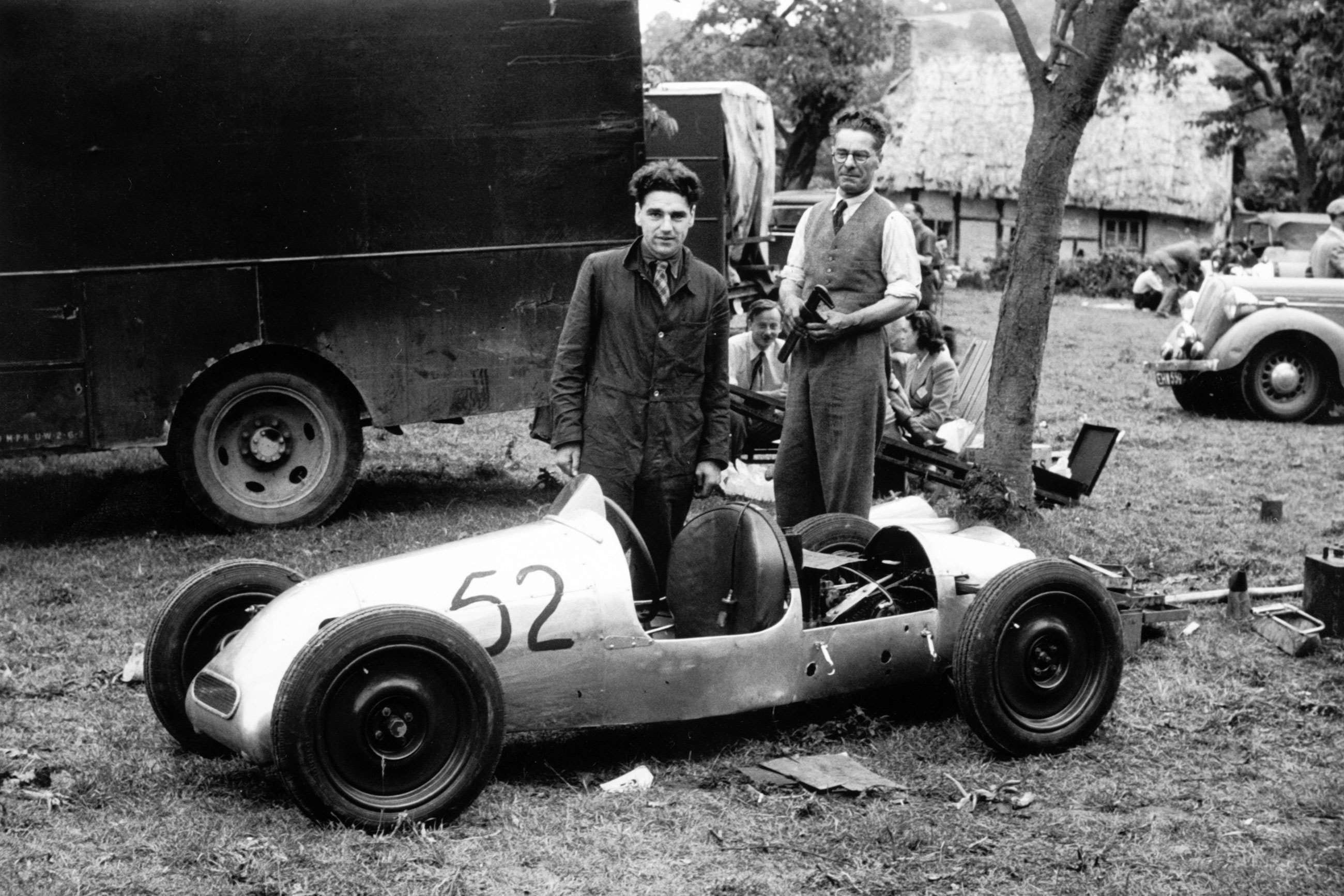 John and Charles Cooper with the Cooper MkI Prototype, Prescott Hillclimb, 1946.