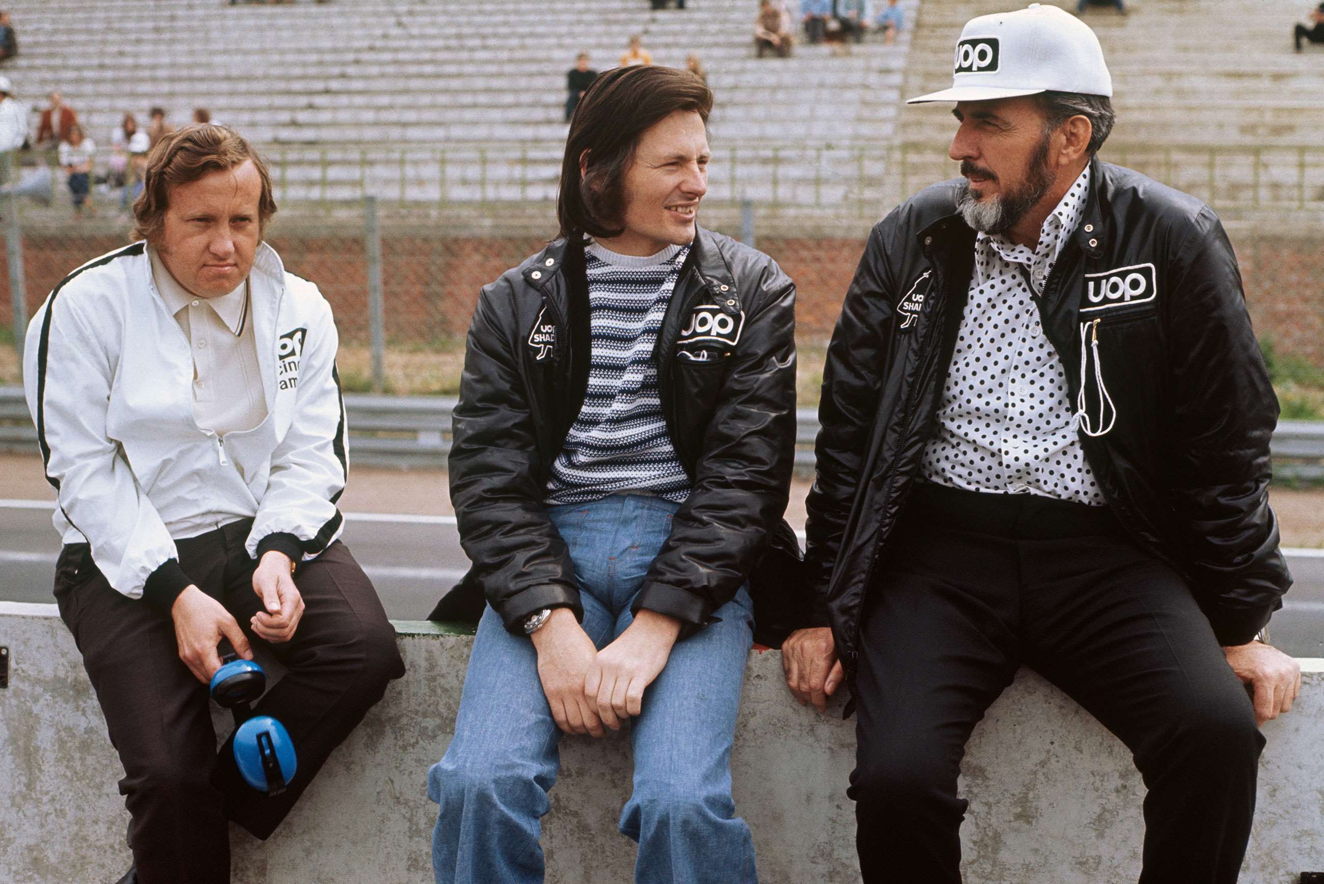 Alan Rees (left), Tony Southgate (centre) and Don Nichols (right) at the 1973 Spanish Grand Prix. 
