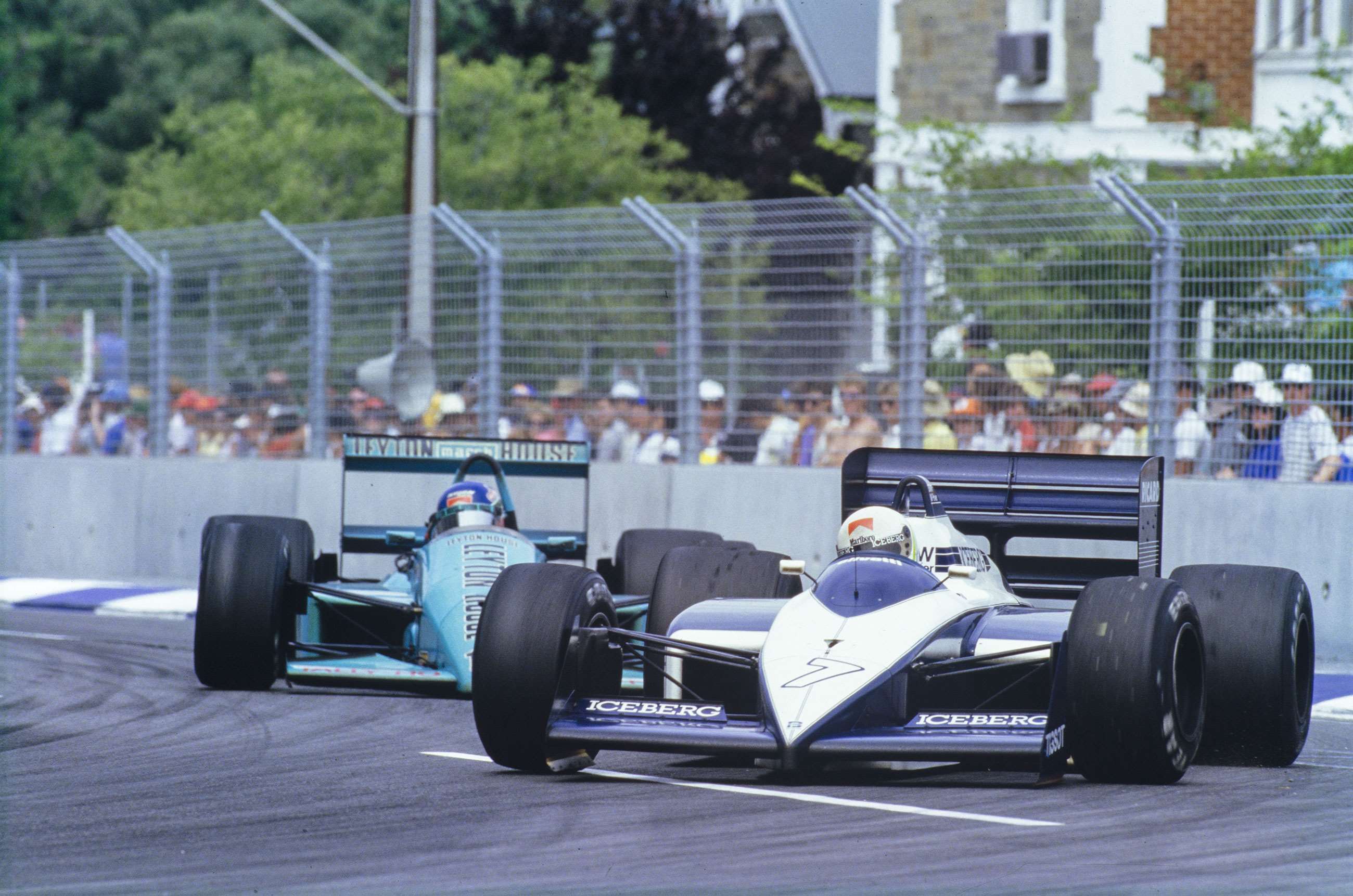 Modena at the 1987 Australian GP in Adelaide, driving the Brabham BT56, leading Ivan Capelli in his March 871.
