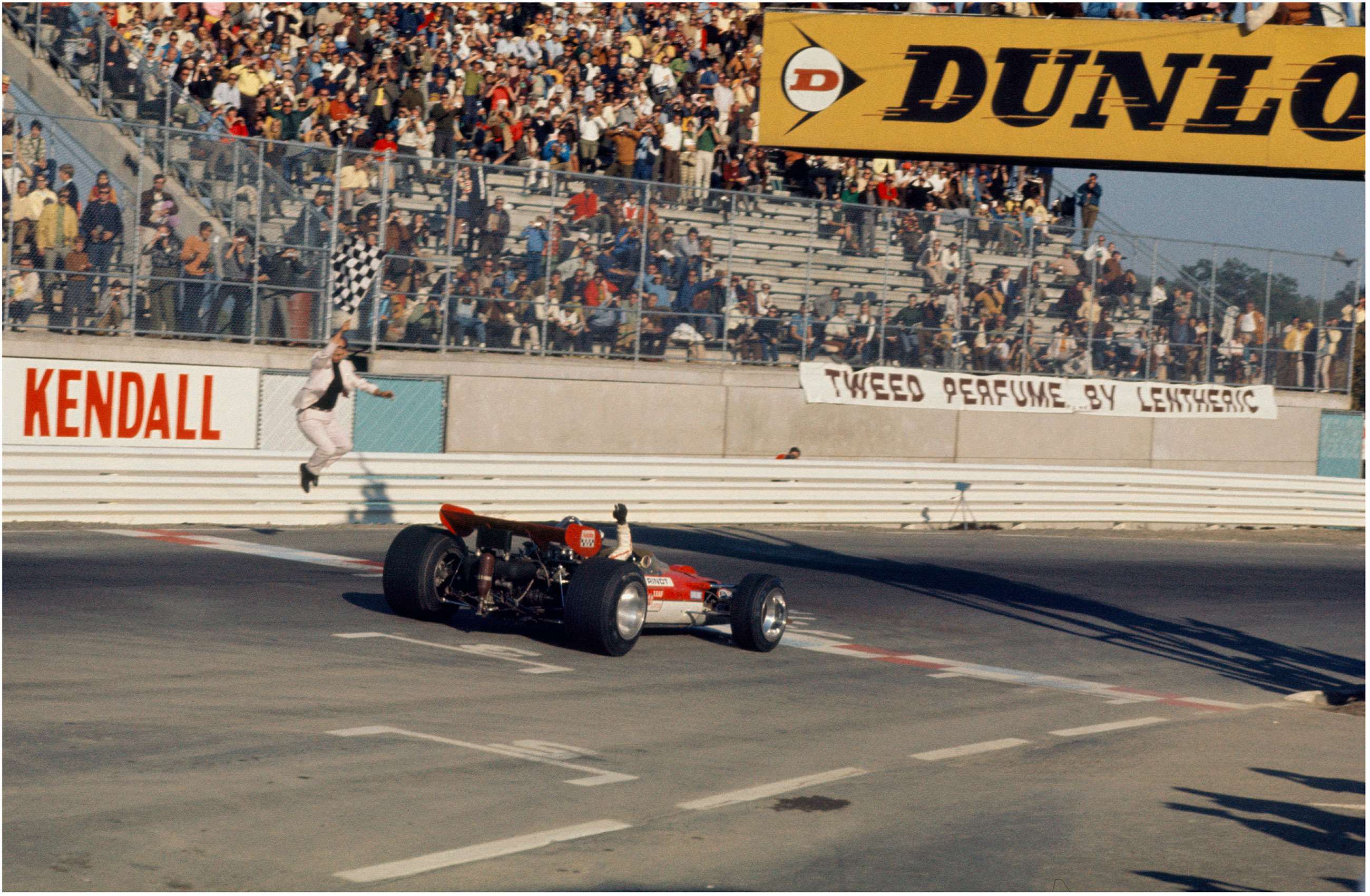 Jochen's first win at the US Grand Prix at Watkins Glen, 1969, driving the Lotus 49B. 