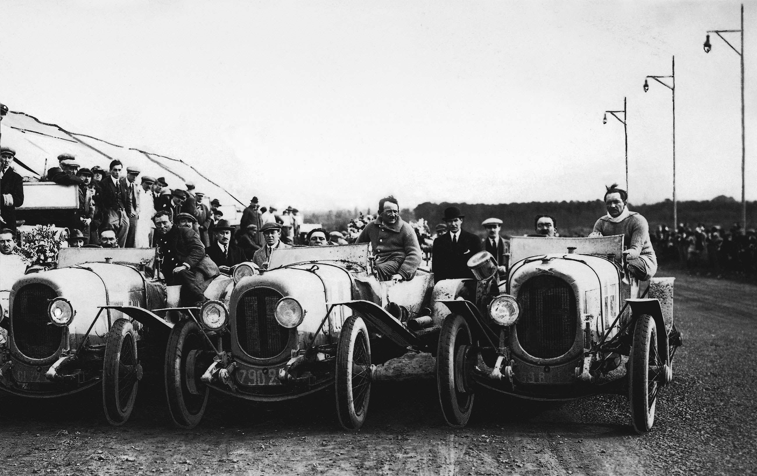 Le Mans 1923 and the Chenard et Walcker team before the race. Left to right, the eventual winners Andre Lagache and Rene Leonard, Fernad Bachmann and Raymond Glazmann (7th) and Raoul Bachmann and Christian Dauvergne (2nd).