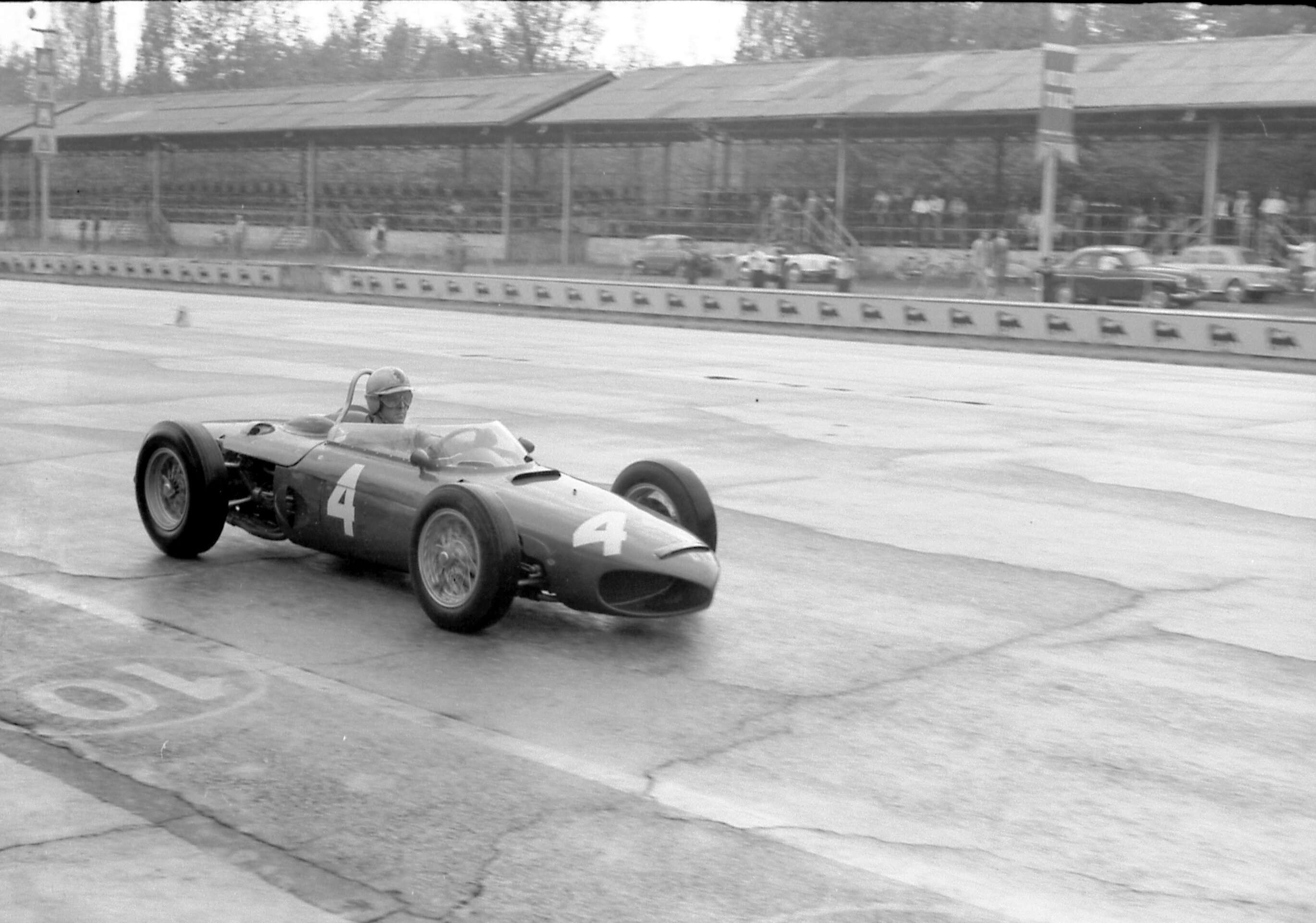 Championship contender Wolfgang ‘Taffy’ von Trips during practice in his ‘Sharknose’ Ferrari 156