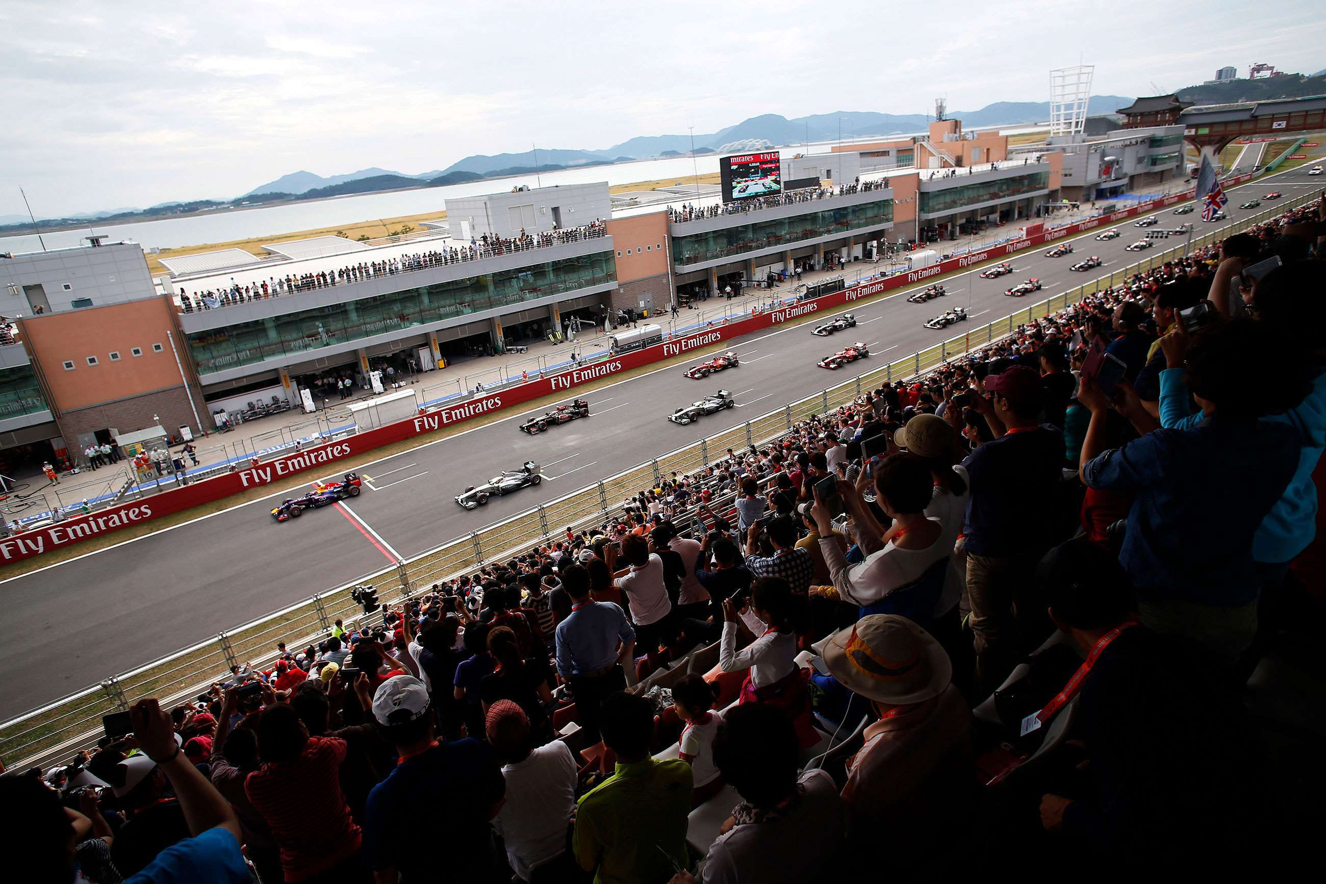 Sebastian Vettel leads Lewis Hamilton away at the start of the 2013 Korean Grand Prix. 