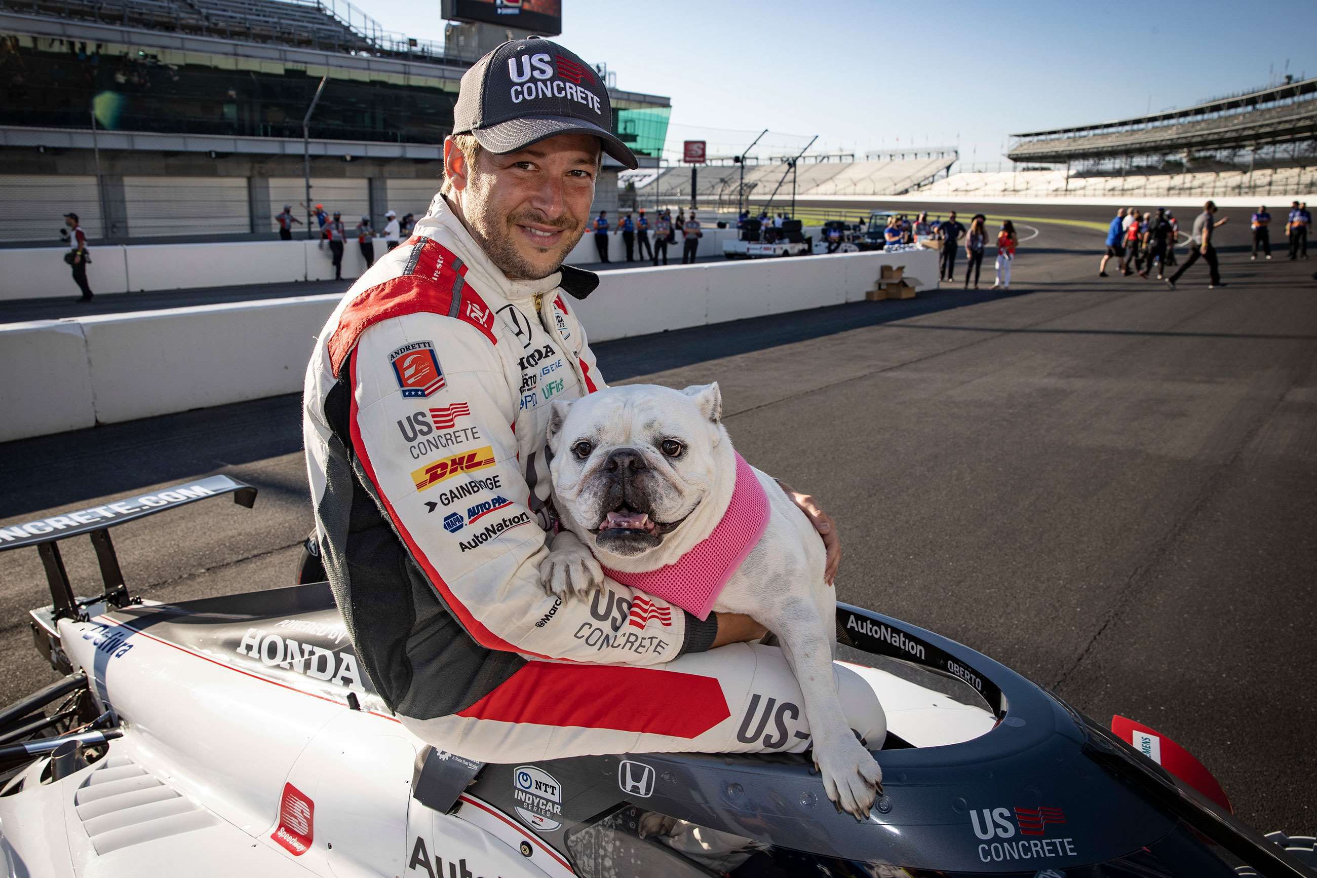Marco Andretti with his dog Moodie. 