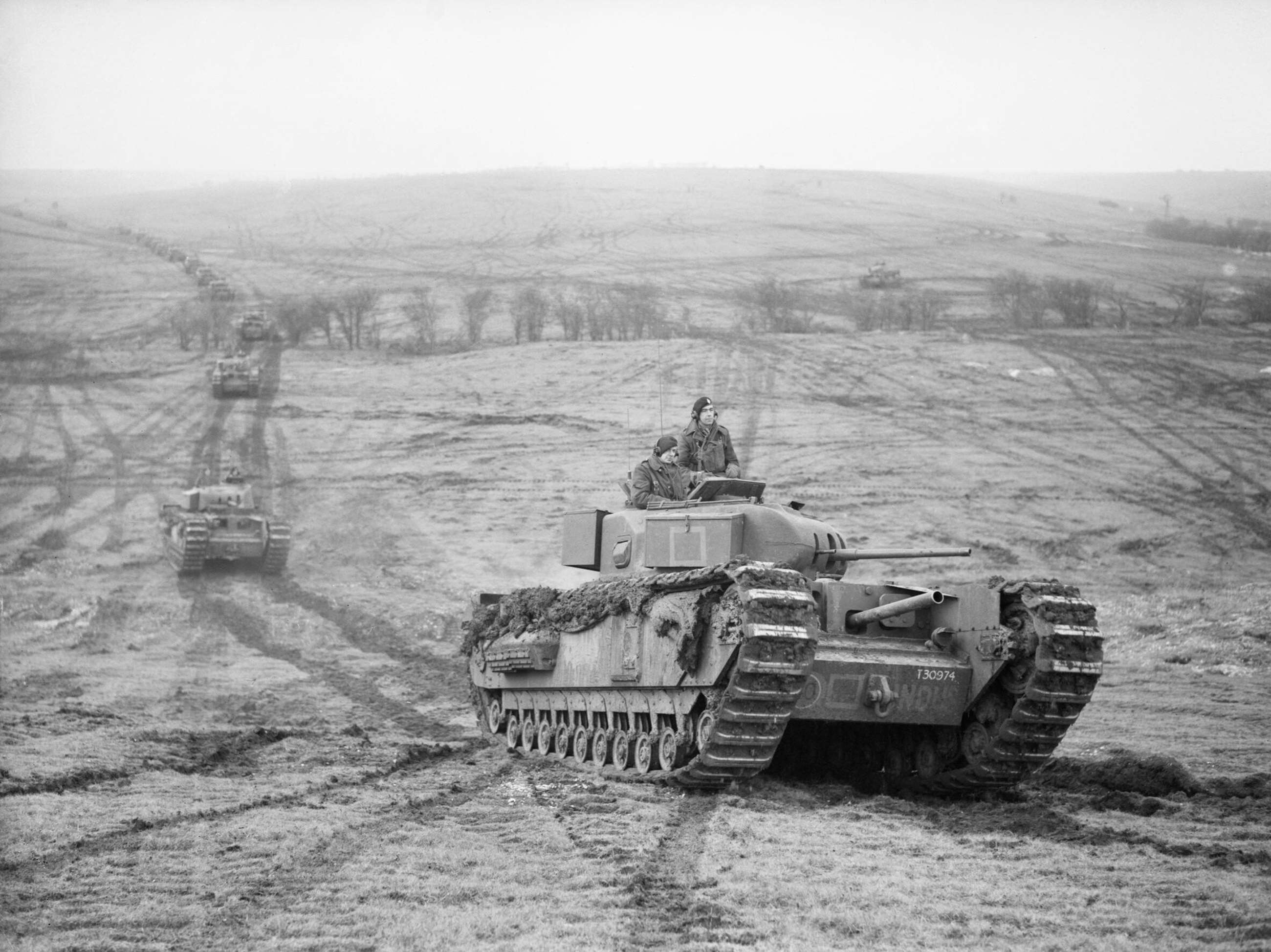 Churchill tanks of 9th Royal Tank Regiment during an exercise on Salisbury Plain, 31 January 1942.