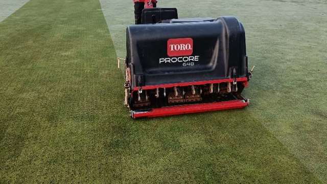 Aerating Greens on a very foggy morning. Our new team member Danny Carter putting the steps in whilst breaking up the compaction and creating channels for better root development.