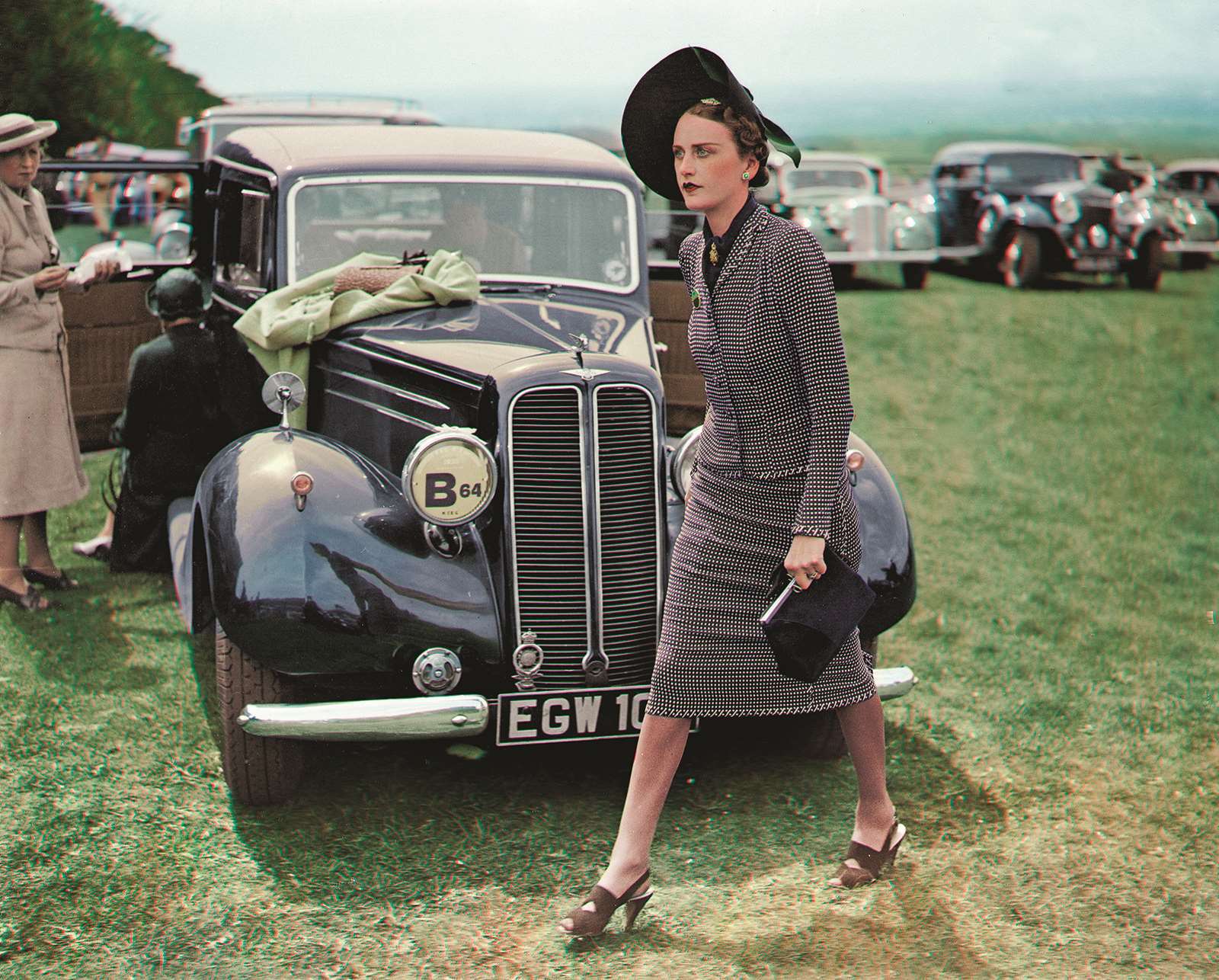 The colourised version of the 1938 black-and-white photo of a Mrs Ulrica Murray Smith taken at Goodwood.