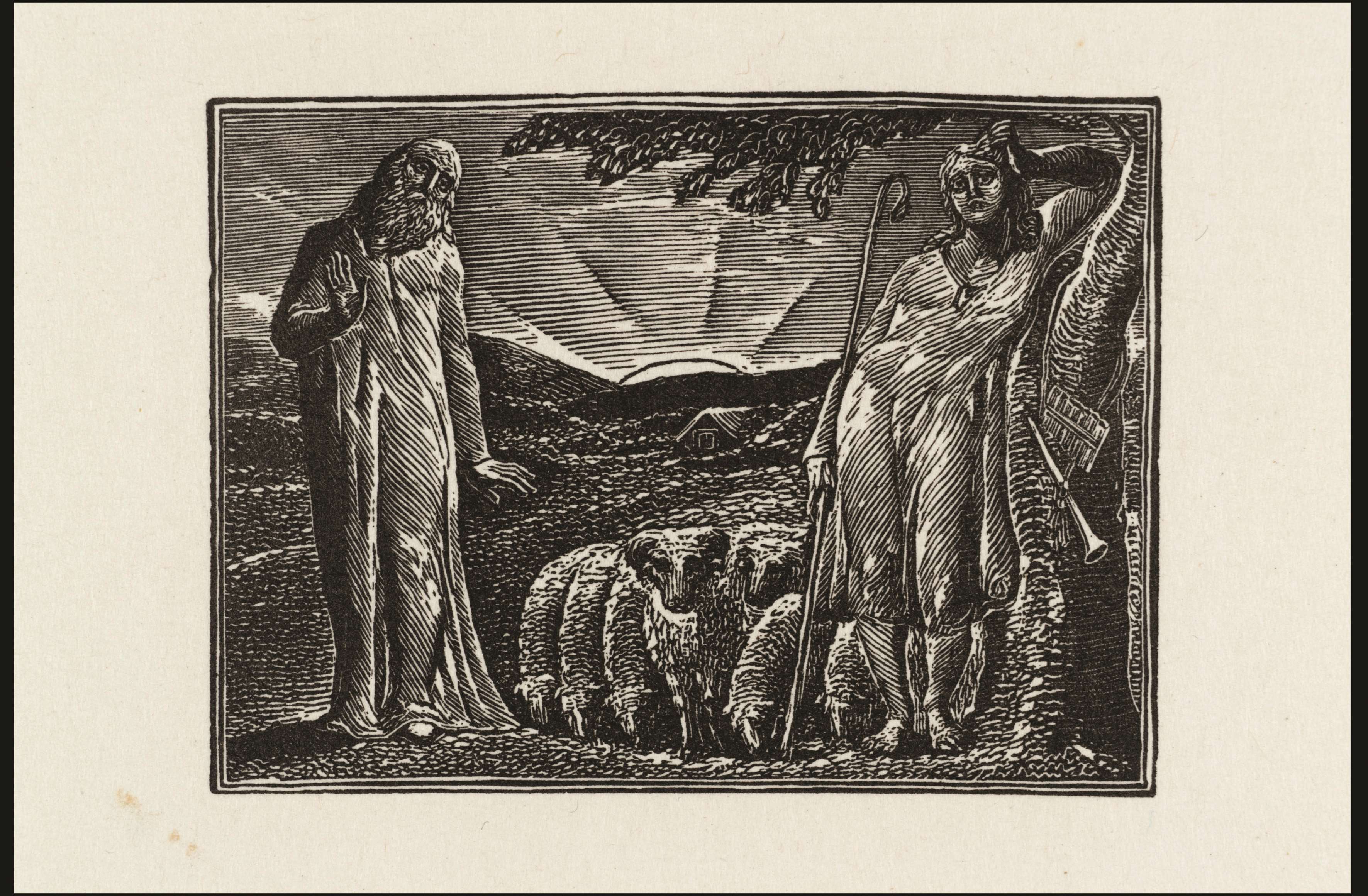 Blake's pastoral experience informed his later work, like this 1891 engraving, Thenot and Colinet