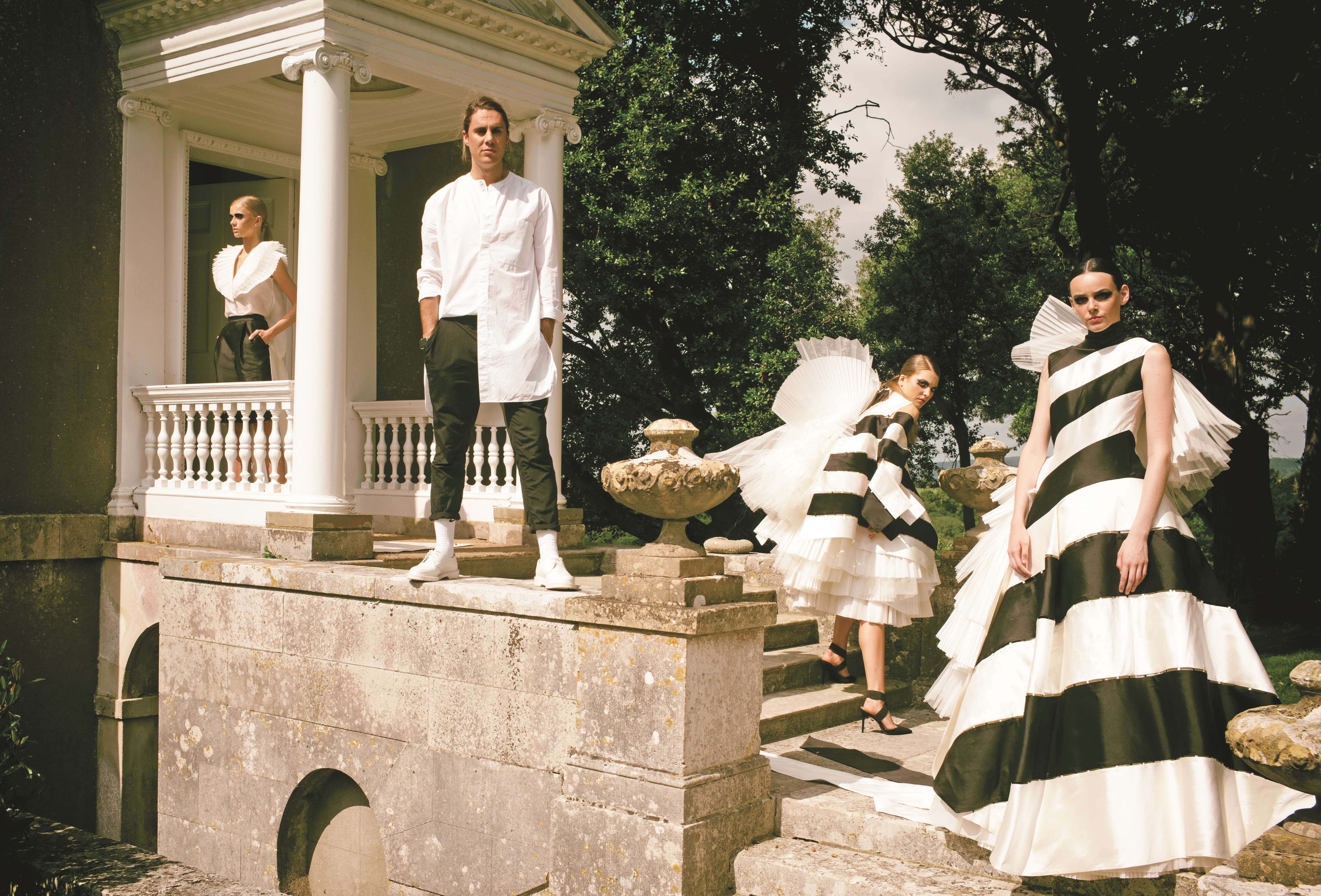 Nabil Nayal with his couture pieces, photographed at Carnes Seat on the Goodwood Estate