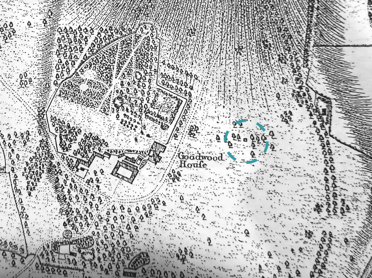 An early plan of the estate showing the original icehouse’s position in relation to Goodwood House.