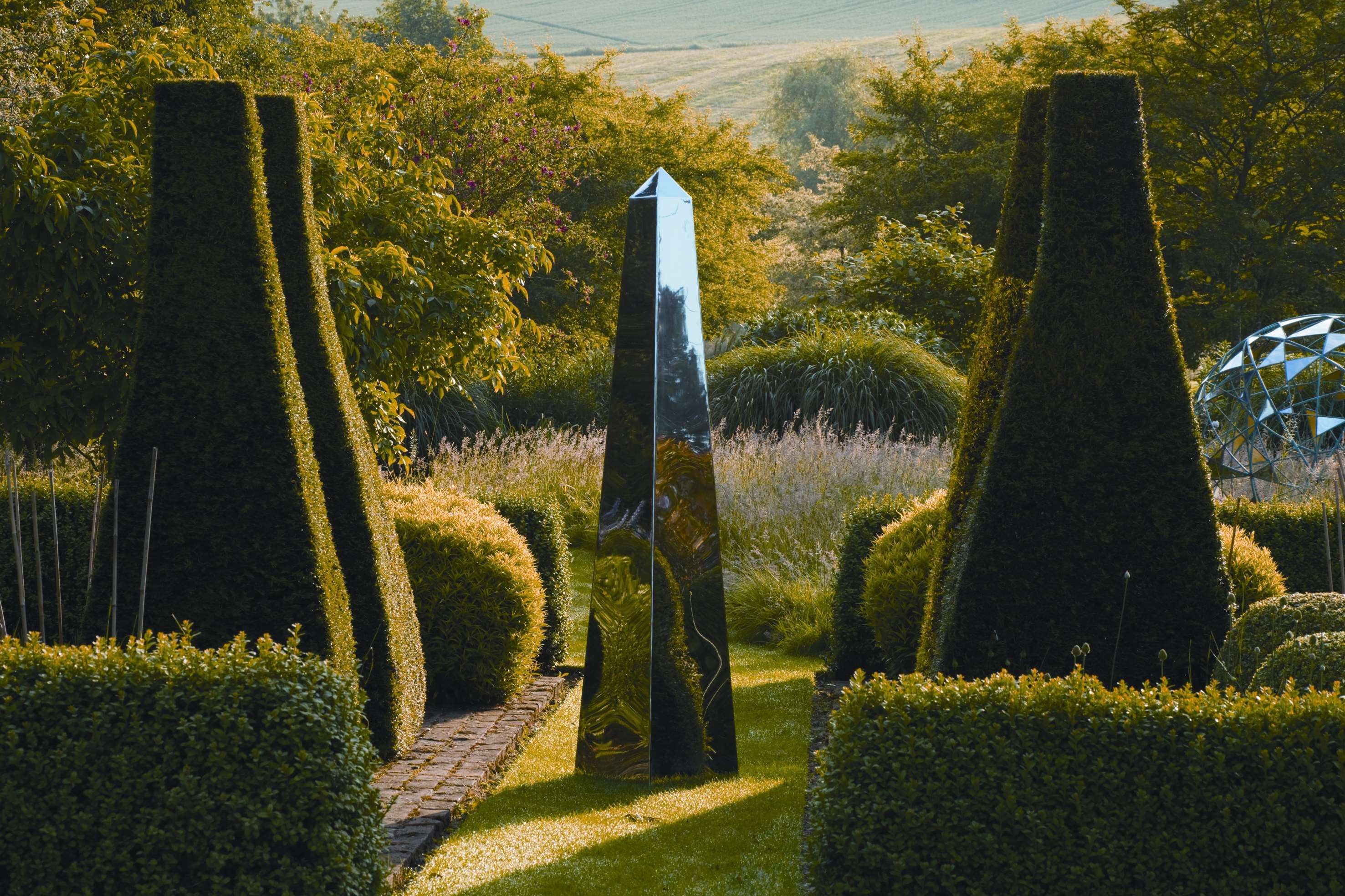 Garden obelisk made with marine-grade mirror-polished stainless steel