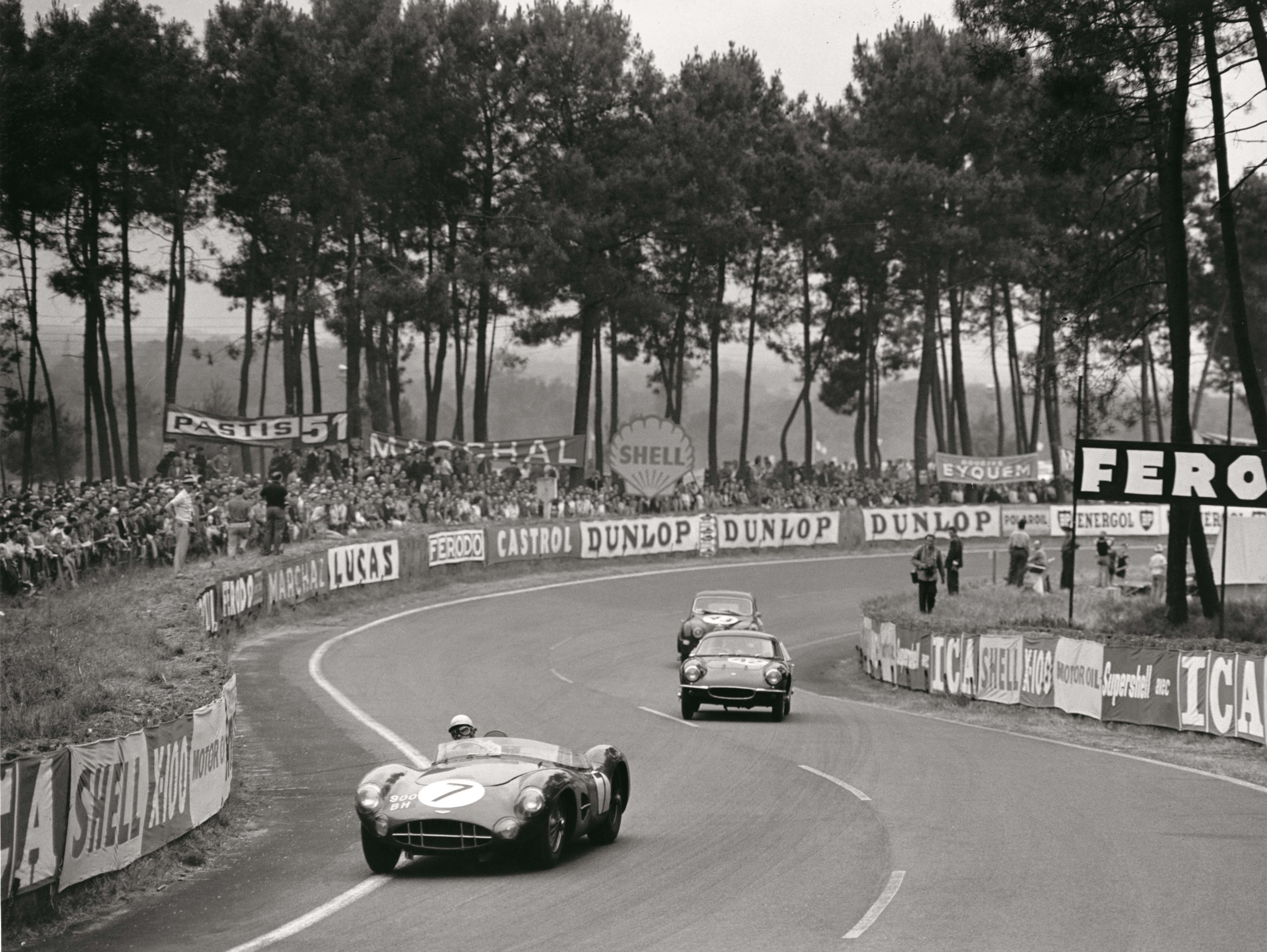 The Whitehead/ Naylor DBR1 leads the Clark/Whitmore Lotus Elite at the 1959 Le Mans